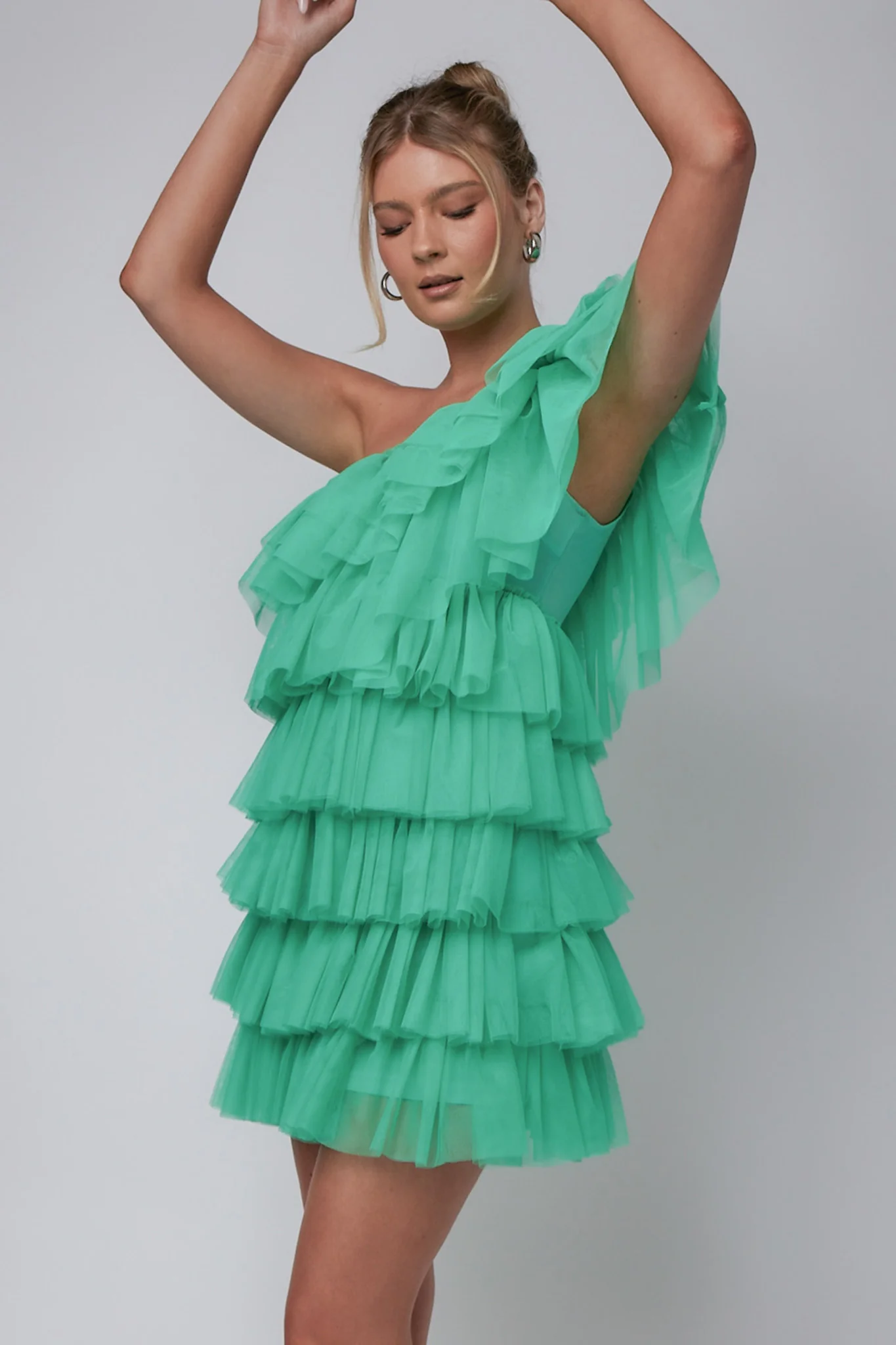 Tomi Layered Frill One-Shoulder Mini Dress Spearmint - Sonourner