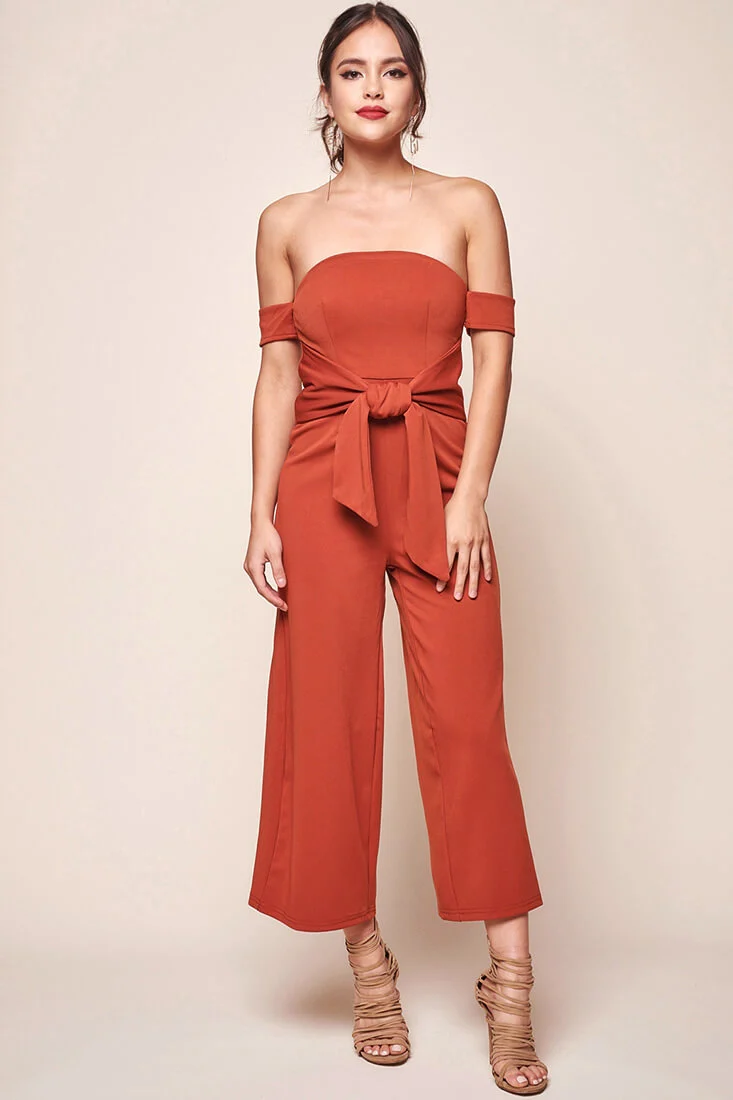 Joan Off the Shoulder Waist Tie Wide Leg Jumpsuit Rust - Sonourner