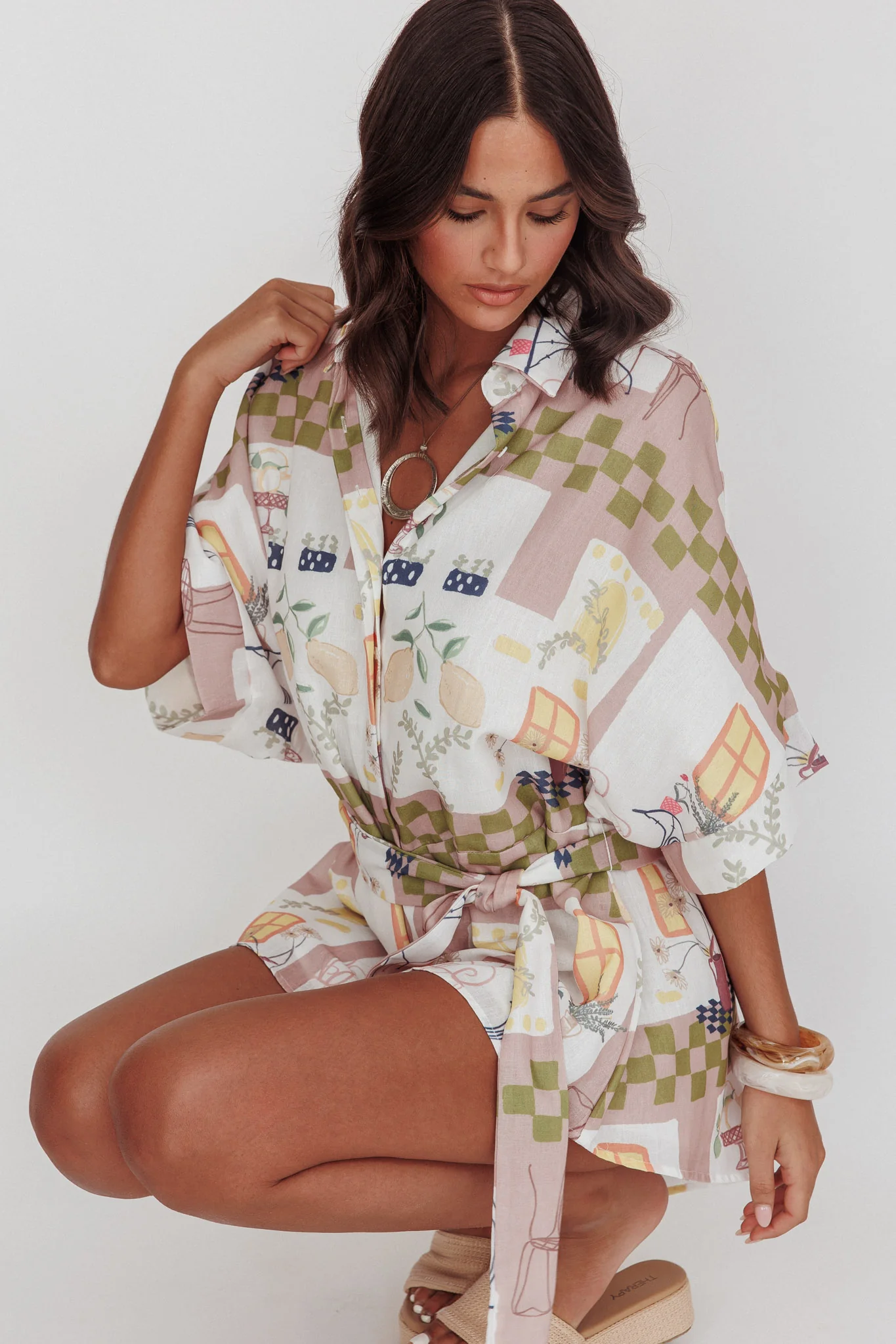 Daytona Beach Button-Up Romper Euro Print Olive - Sonourner