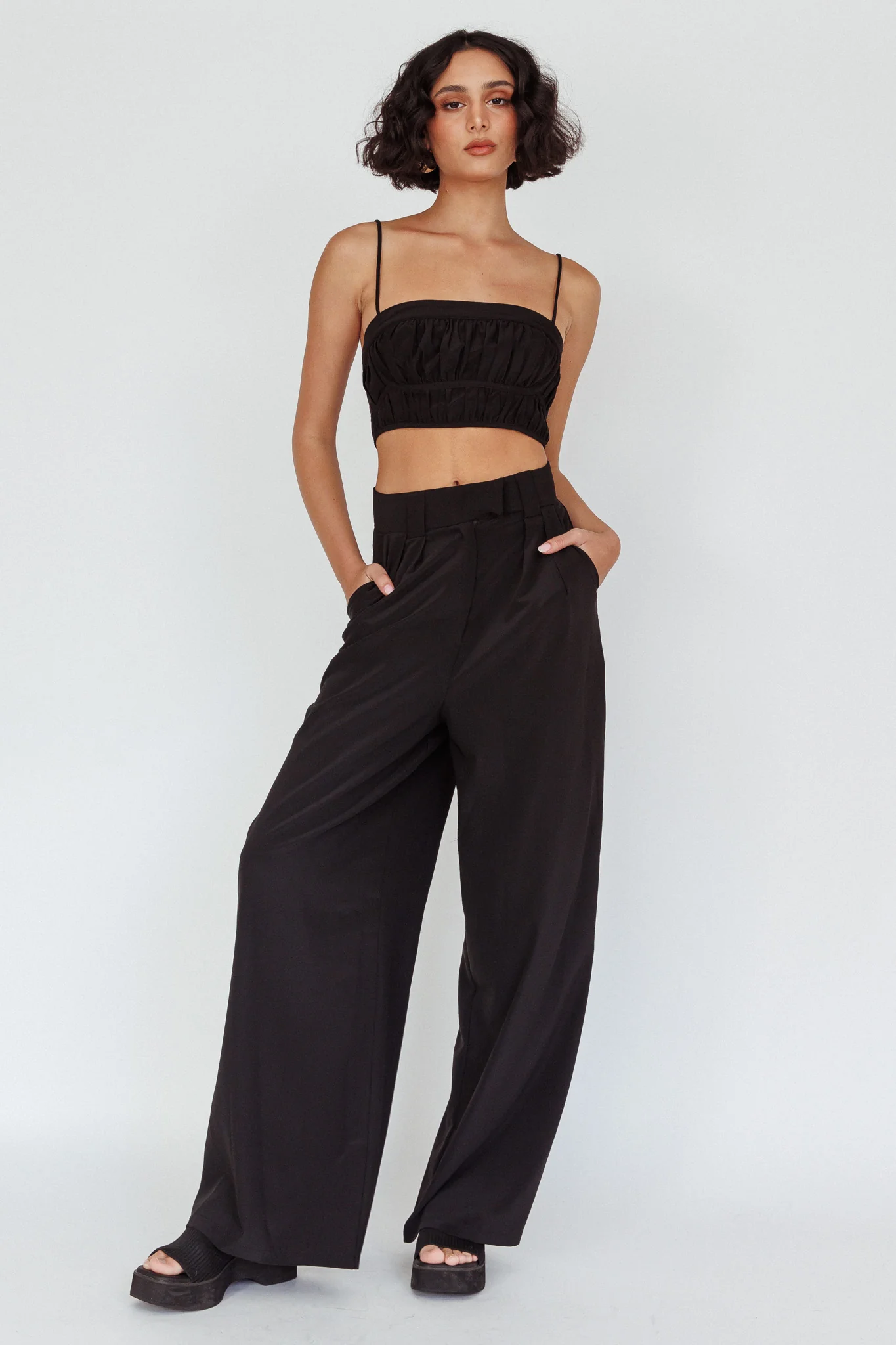 Regal Wide-Leg Mid Rise Pants Black - Sonourner