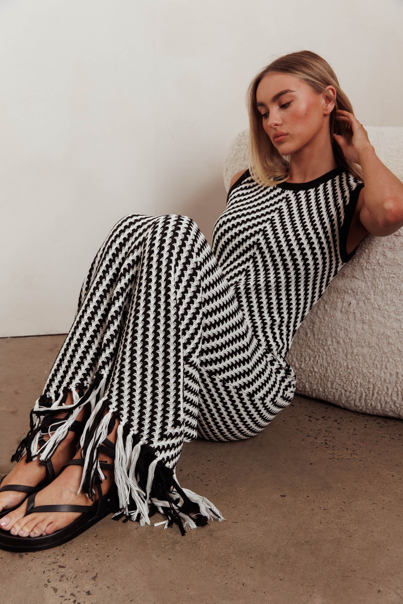 Same Place Fringed Knit Maxi Dress Black - Sonourner