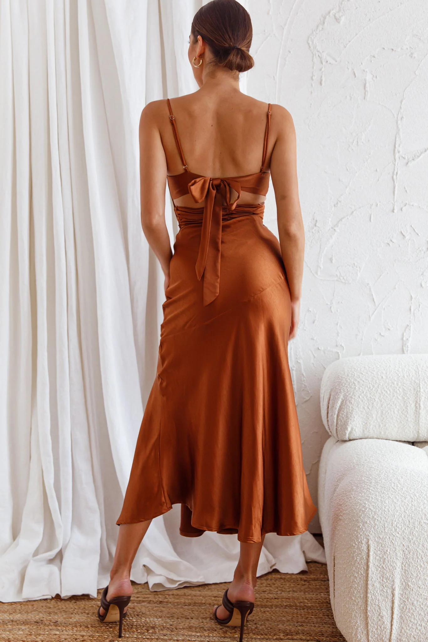 Abby Cami Strap Gathered Bust Front Split Midi Dress Chocolate - Sonourner
