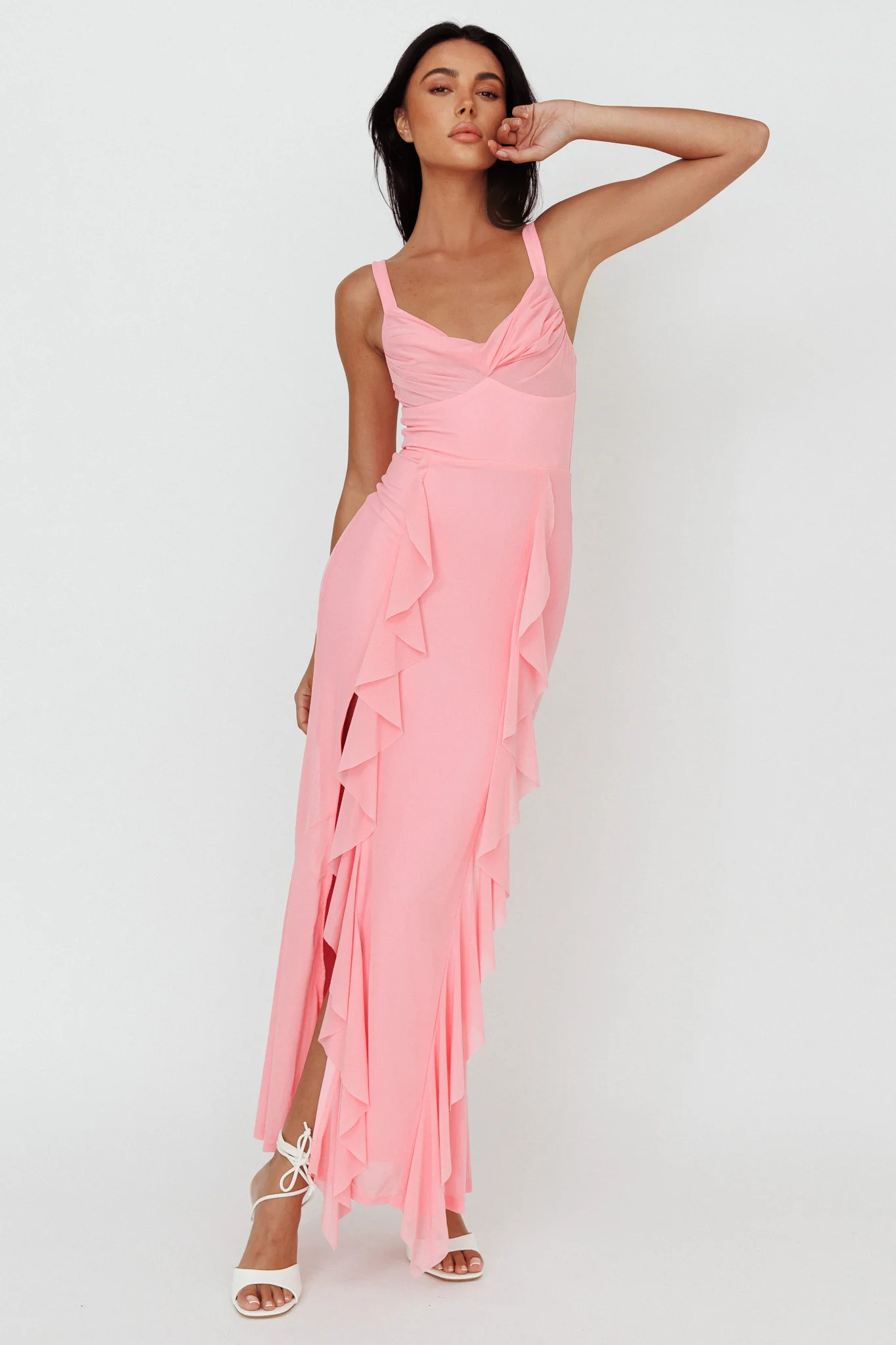 Hollianna Ruffle Trim Split Maxi Dress Blush - Sonourner