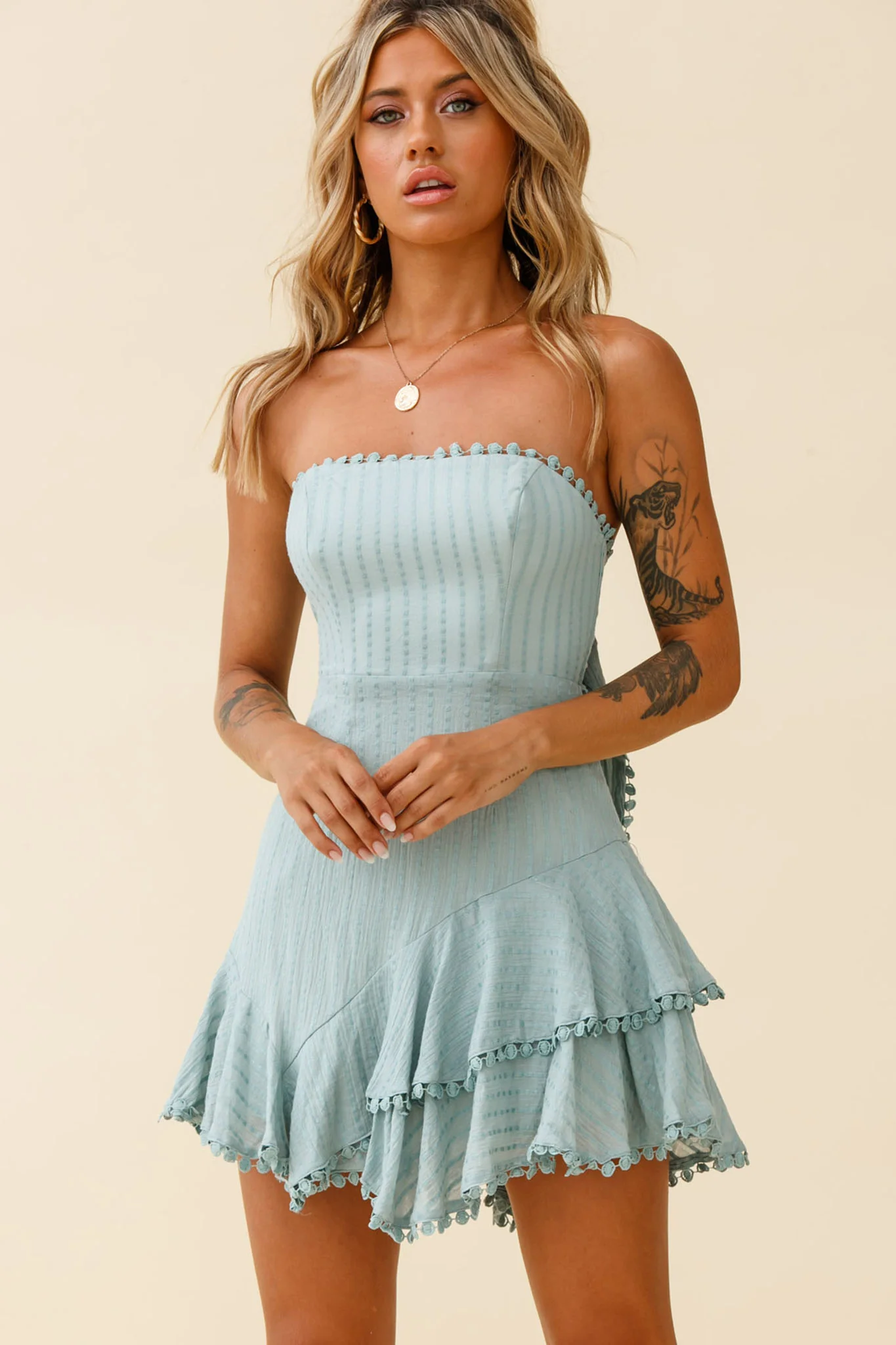 Candy Strapless Layered Ruffle Hem Dress Sage - Sonourner