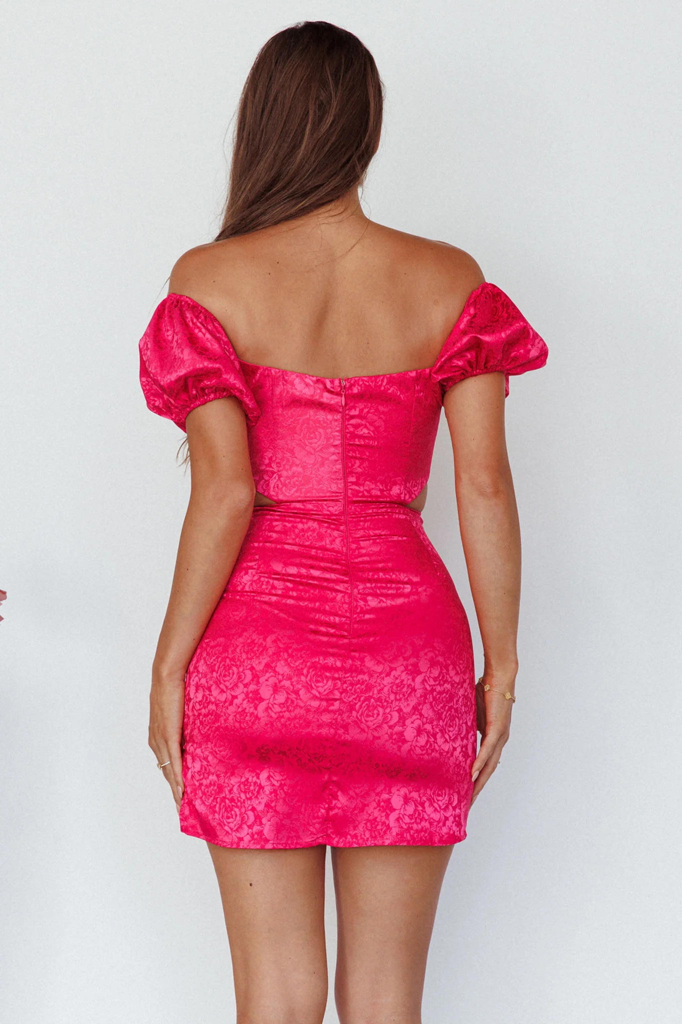 Eryn Puff Sleeve Jacquard Mini Dress Hot Pink - Sonourner