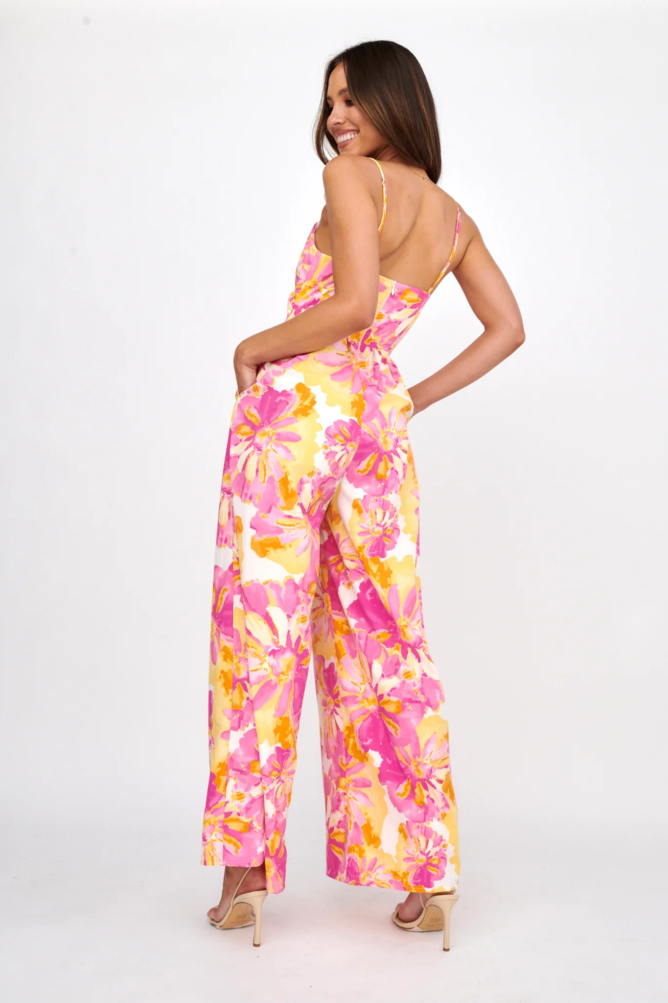 Tammi Cut-Out Waist Jumpsuit Floral Blush - Sonourner