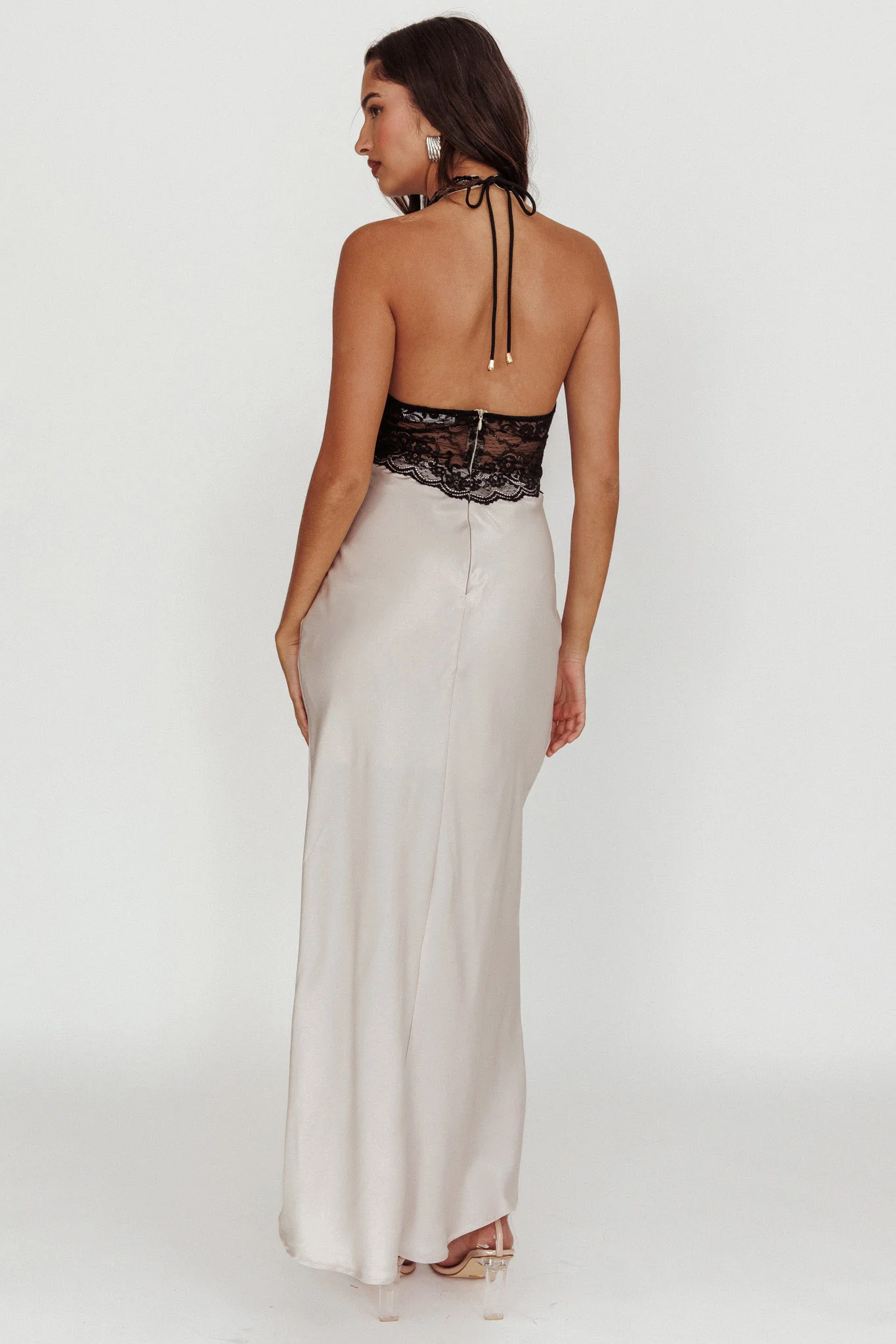 Rarity Satin Lace Halterneck Maxi Dress Champagne - Sonourner