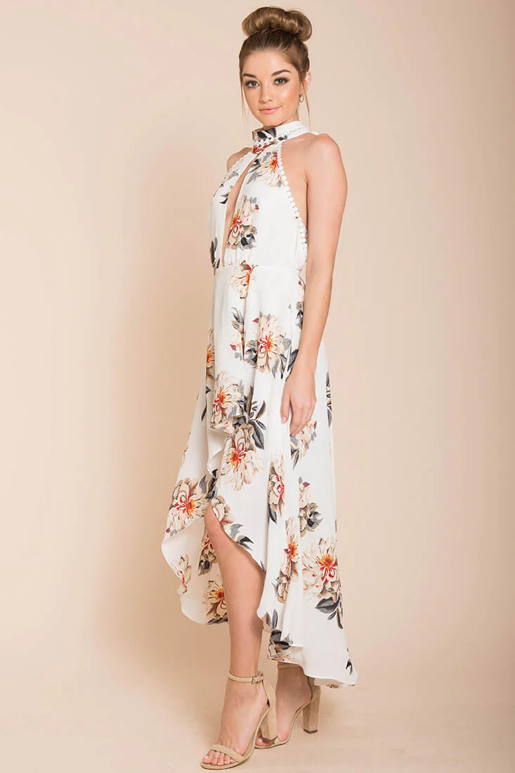 Natalee Floral High to Low Dress White - Sonourner