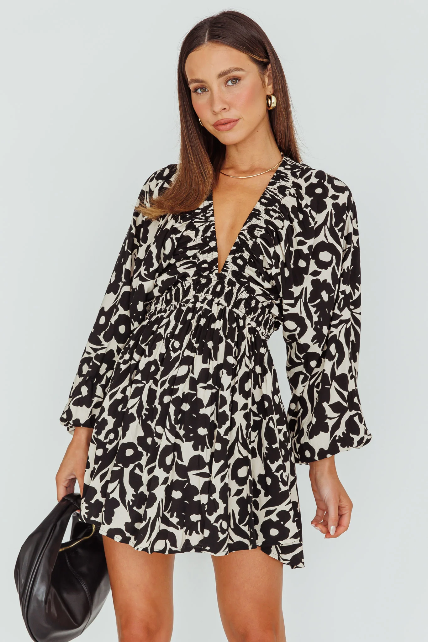 Going Your Way Long Sleeve Mini Dress Floral Black - Sonourner
