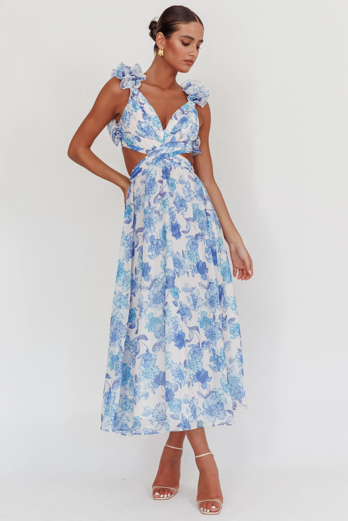 Madara Lace-Up Back Maxi Dress Floral Blue - Sonourner