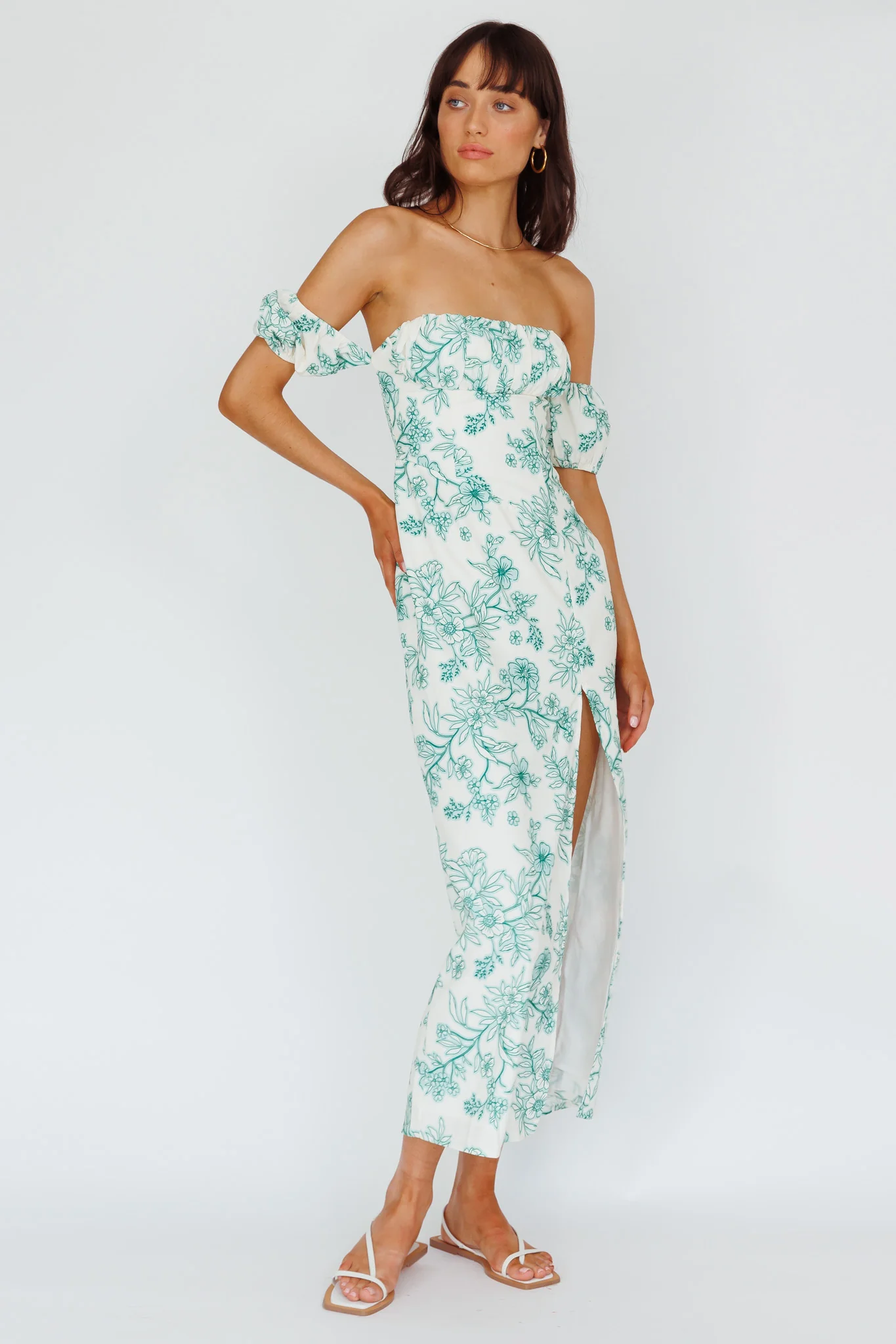 Olivier Off-Shoulder Midi Dress Floral Green - Sonourner