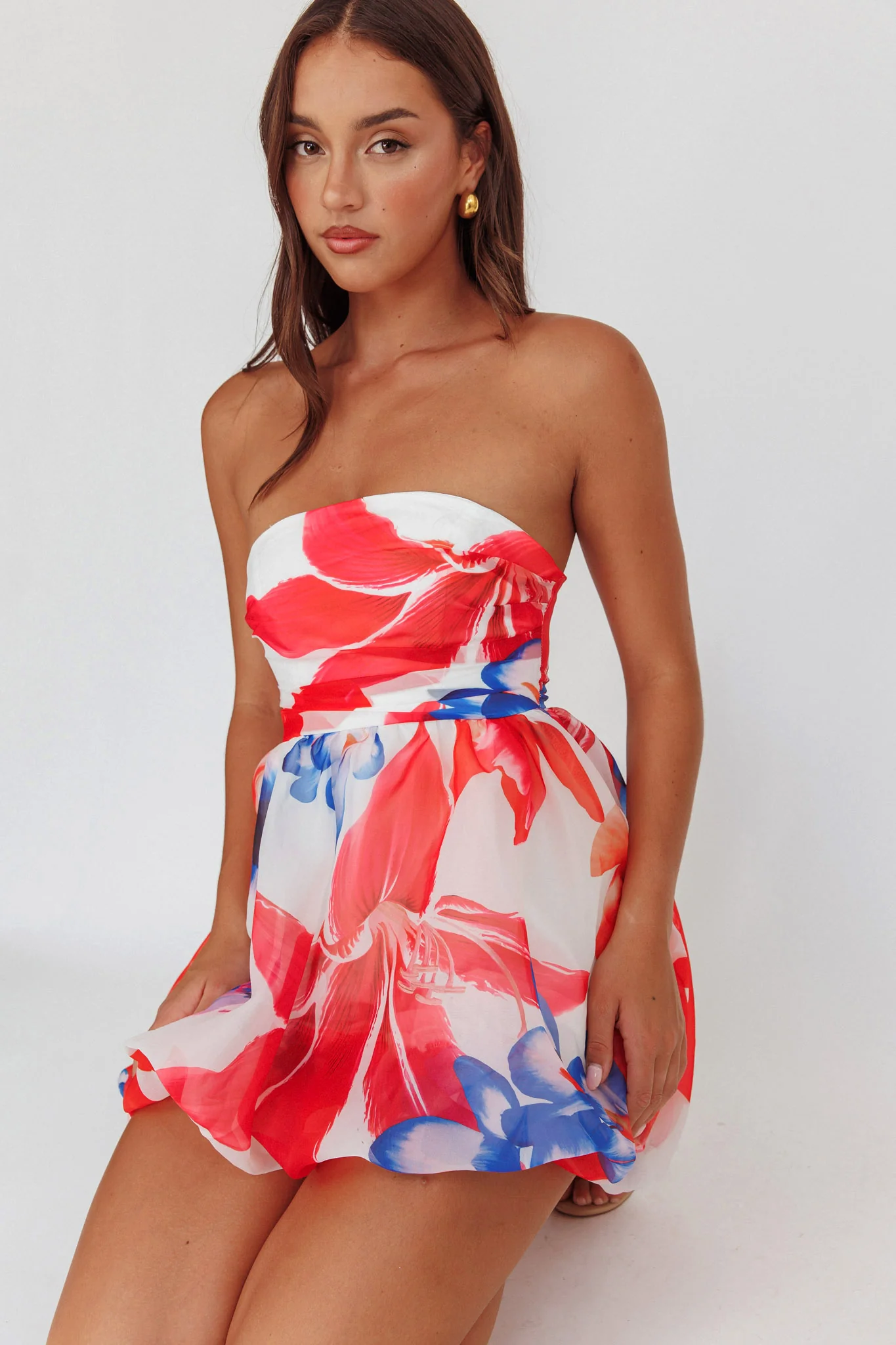 Kandi Strapless Bubble Hem Skirt Floral White - Sonourner