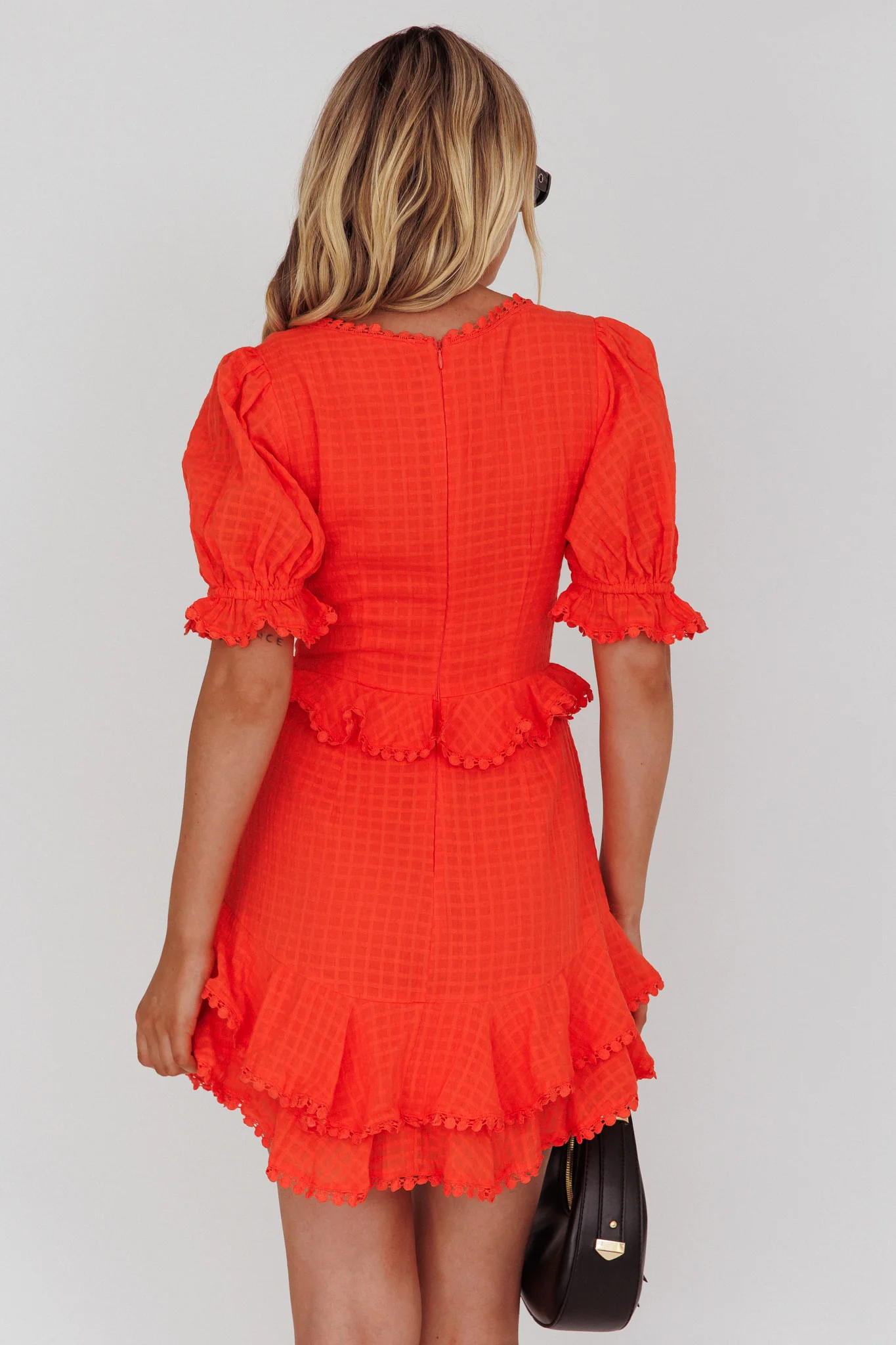 Preston Puff Sleeve Crochet Trim Dress Coral - Sonourner