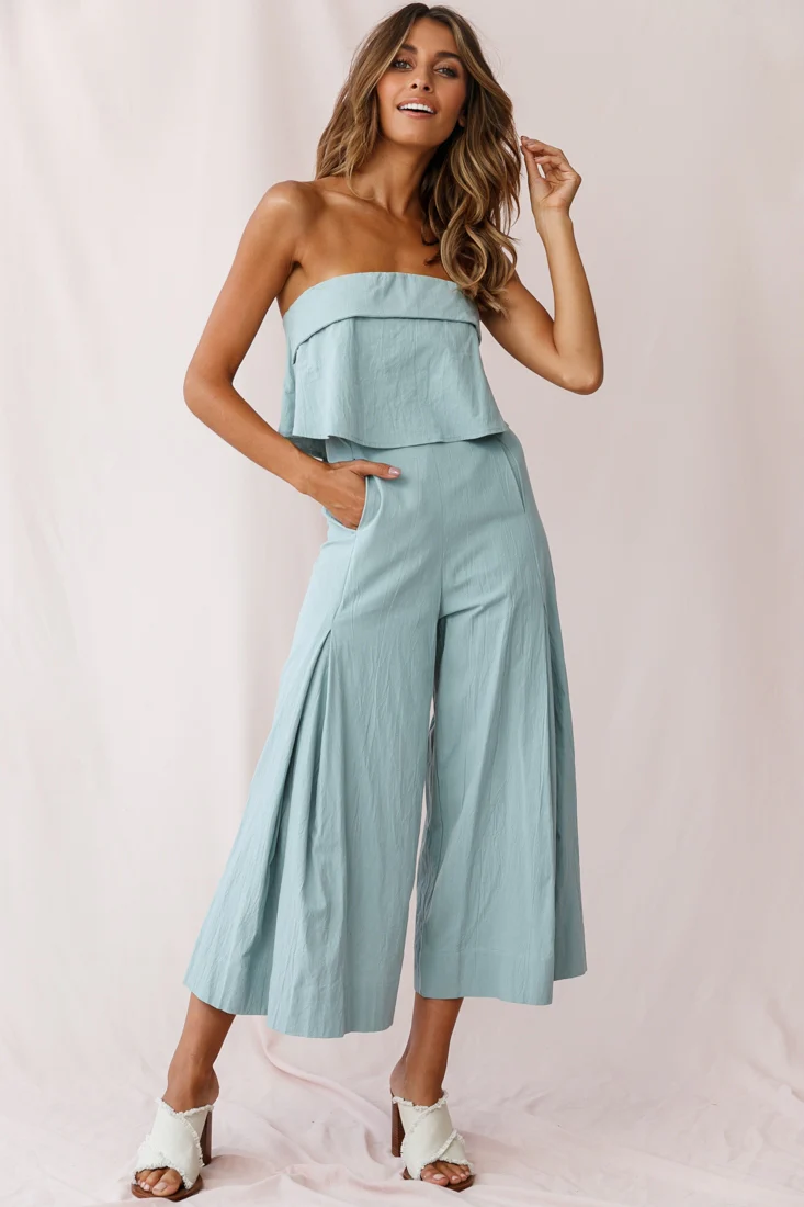 Saturday Layered Bandeau Wide Leg Capri Jumpsuit Sage - Sonourner
