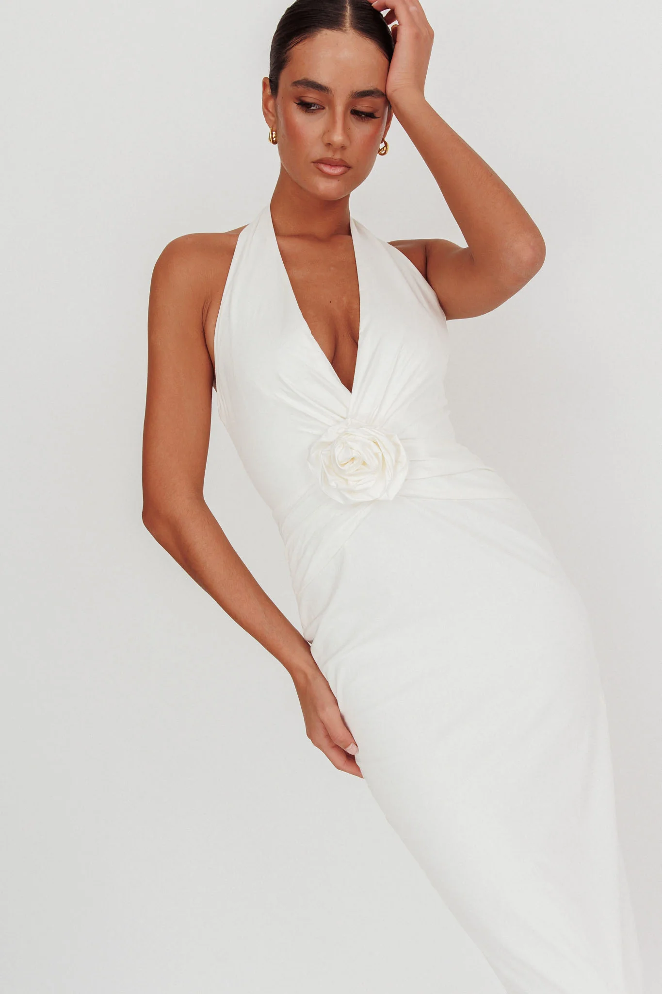 Sinners Rosette Halter Neck Maxi Dress White - Sonourner