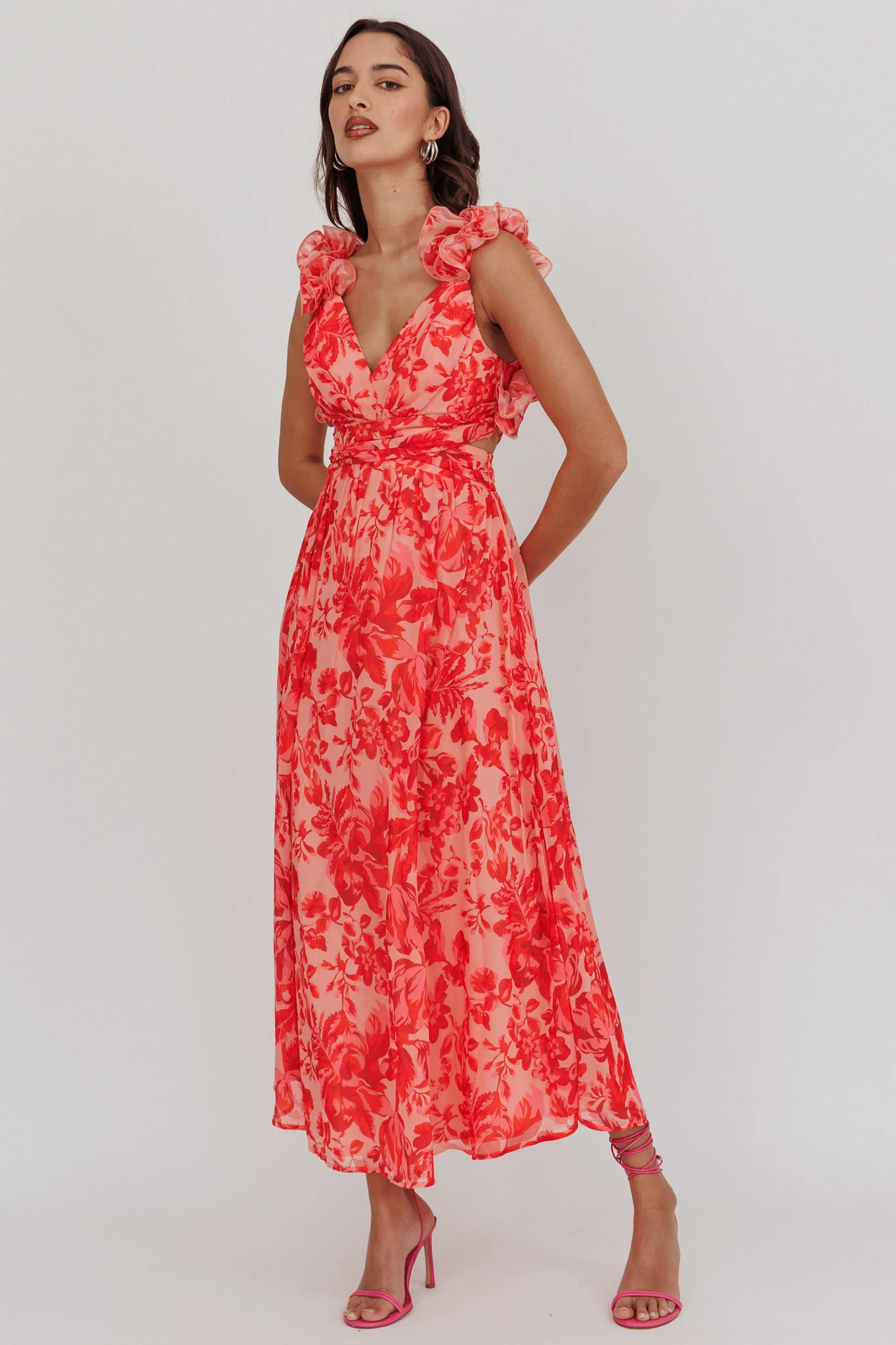 Madara Lace-Up Back Maxi Dress Floral Red - Sonourner
