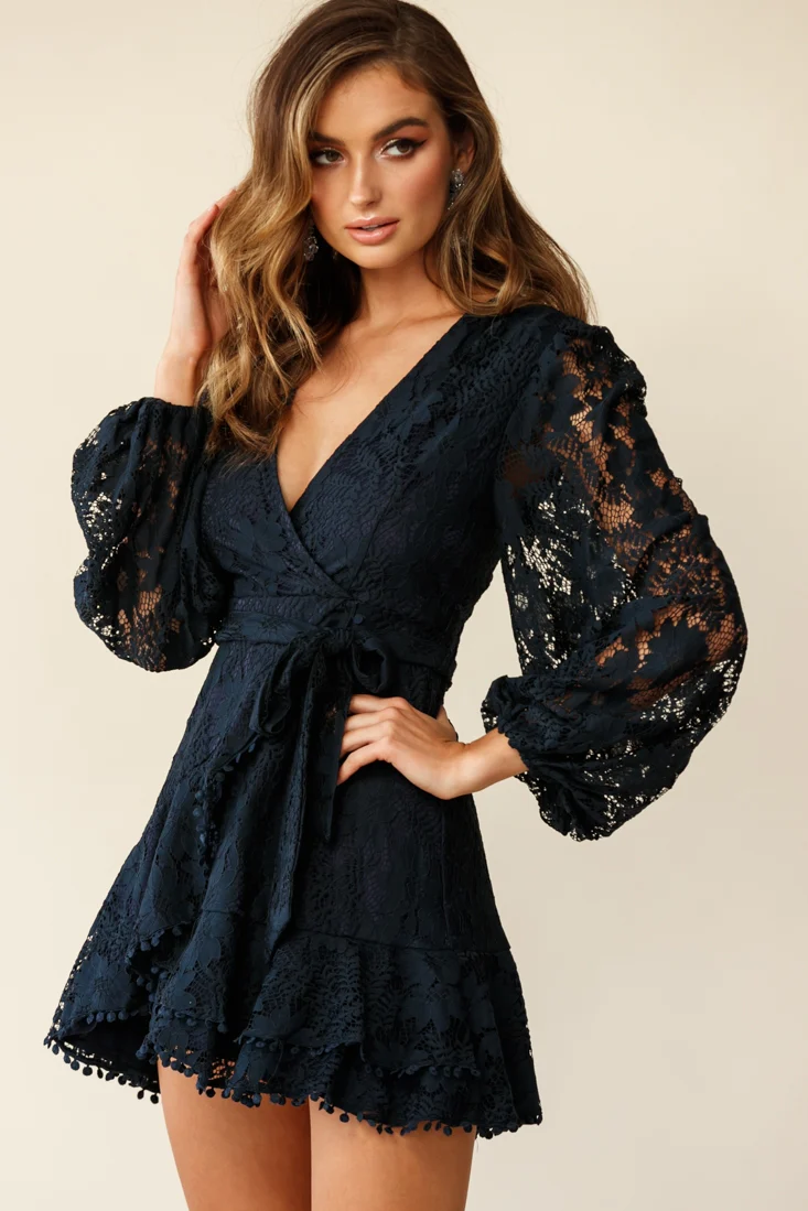 Cami Balloon Sleeve Faux Wrap Dress Lace Navy - Sonourner