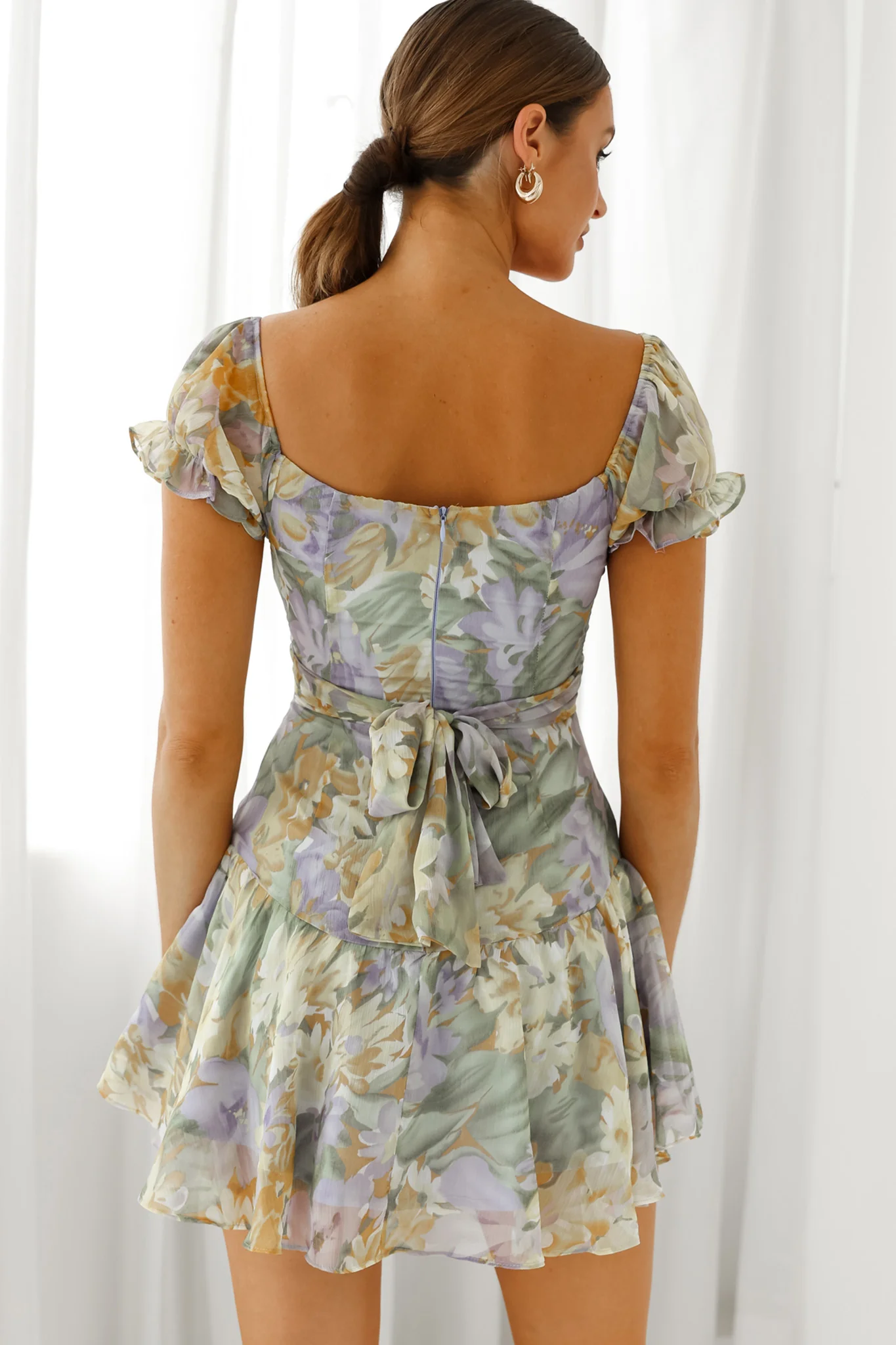 Linka Off-Shoulder Tie Back Fluted Hem Dress Floral Print Yellow - Sonourner