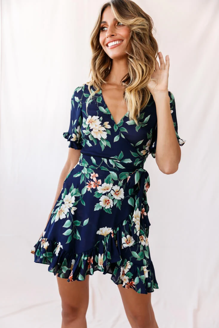 Omara Floral Wrap Ruffle Trim Dress Navy - Sonourner
