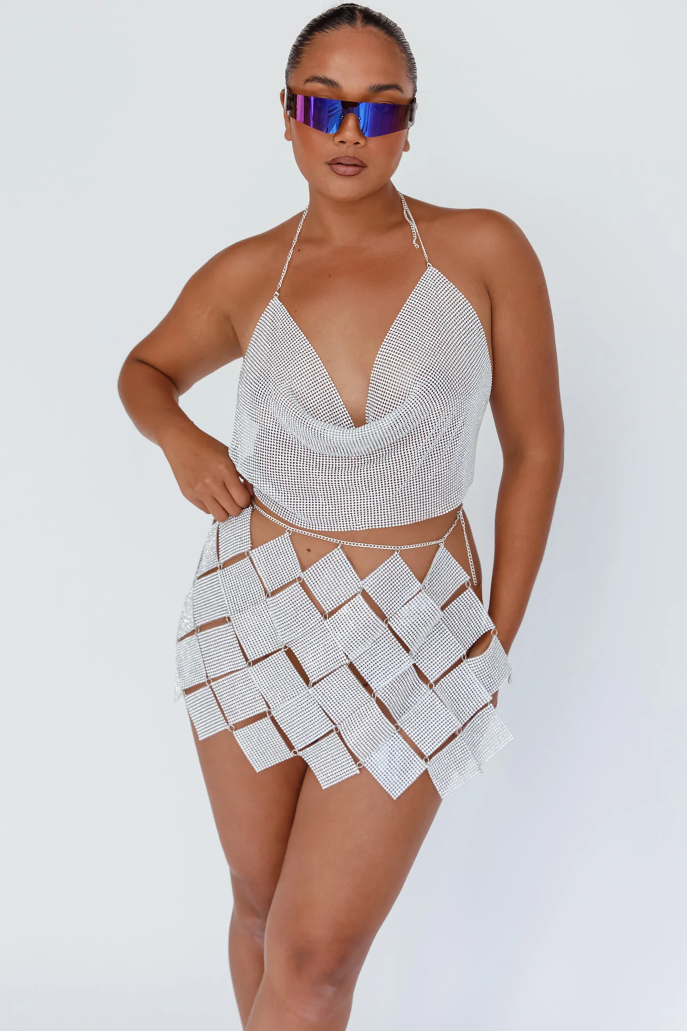 Vally Sequins Geometric Mini Skirt Silver - Sonourner