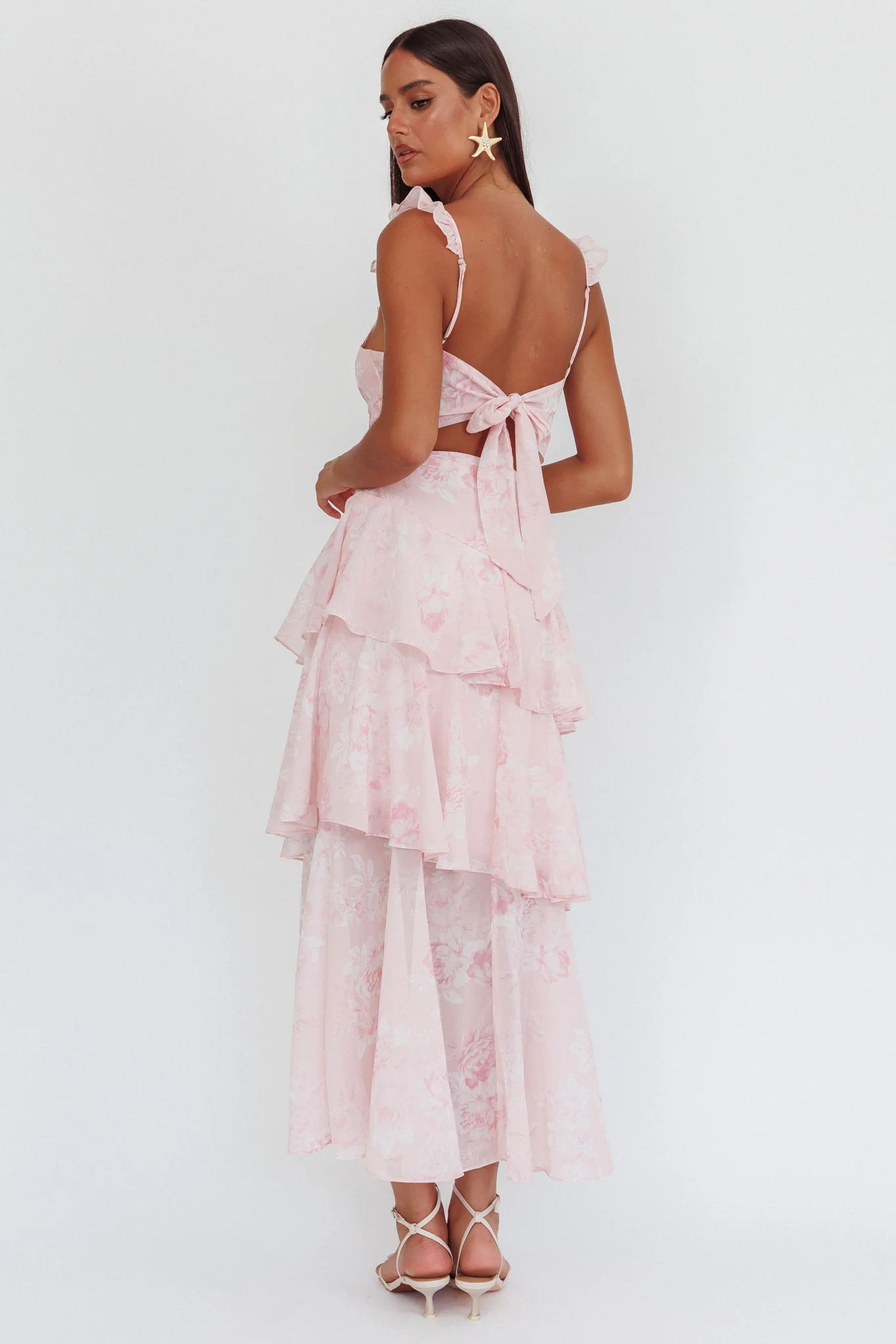 Veda Ruffle Strap Split Maxi Dress Roses Blush - Sonourner