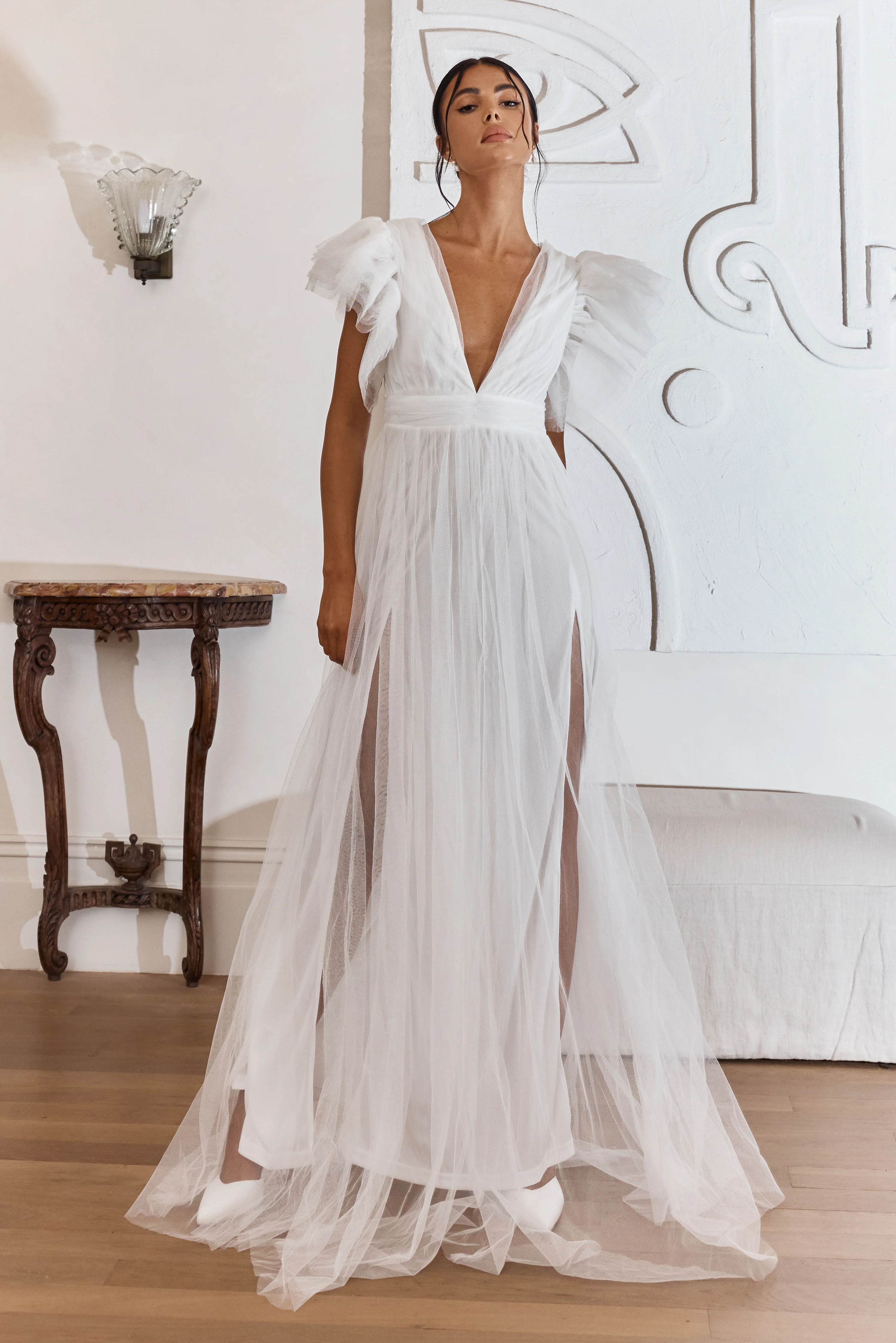 Heaven's Love Deep V-Neck Tulle Maxi Dress White - Sonourner
