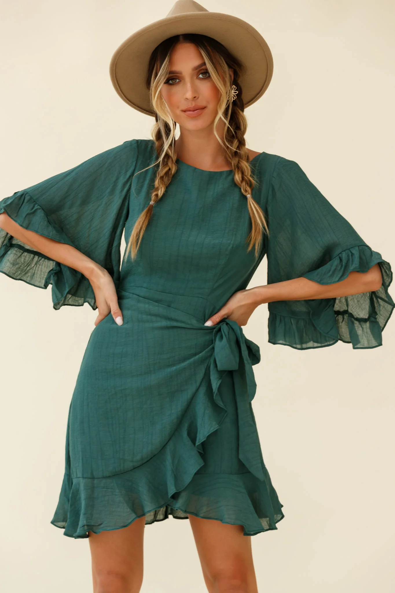 Make It Happen Flared Sleeve Ruffle Trim Dress Green - Sonourner