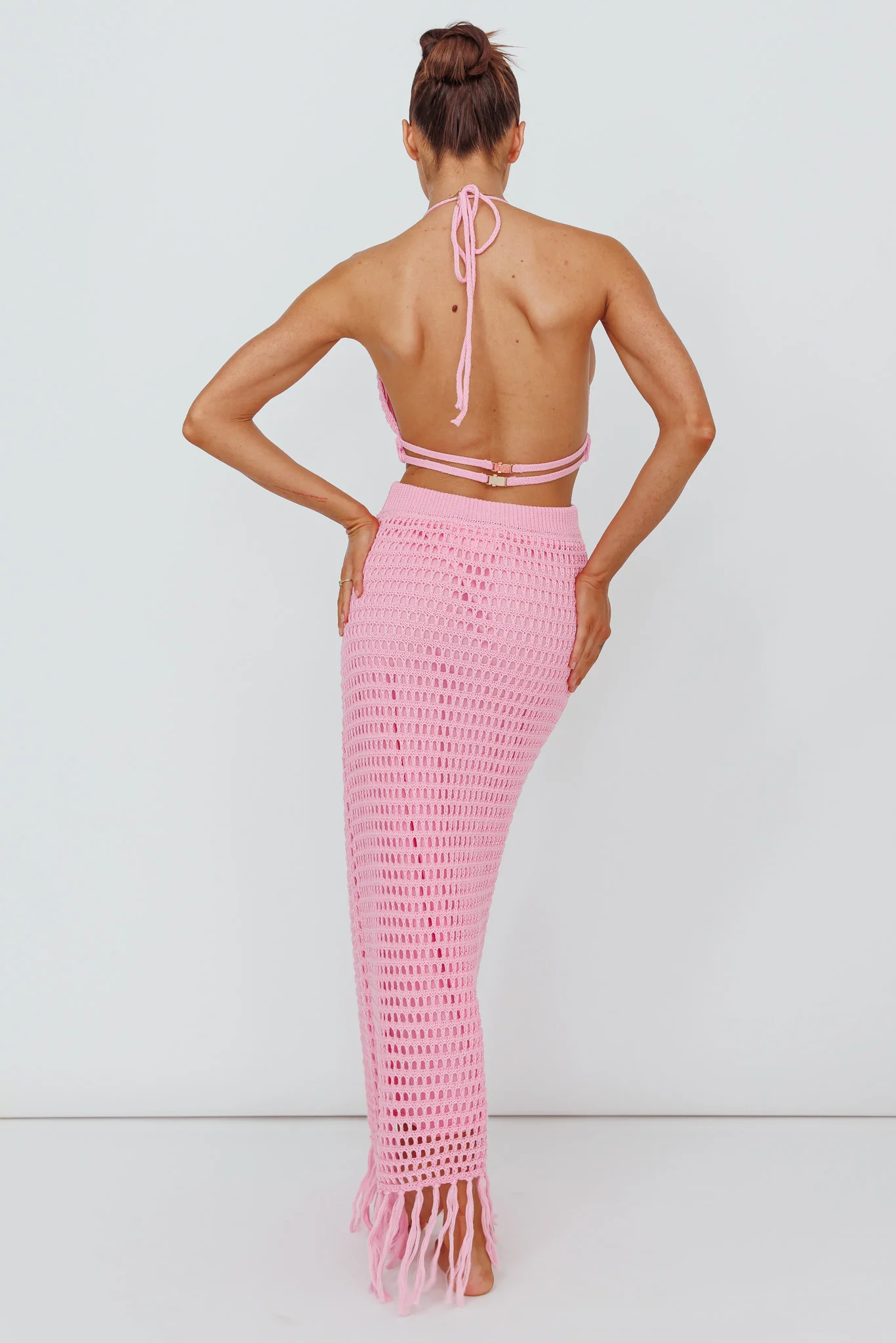 Lelei Crochet Open Back Maxi Dress Pink - Sonourner