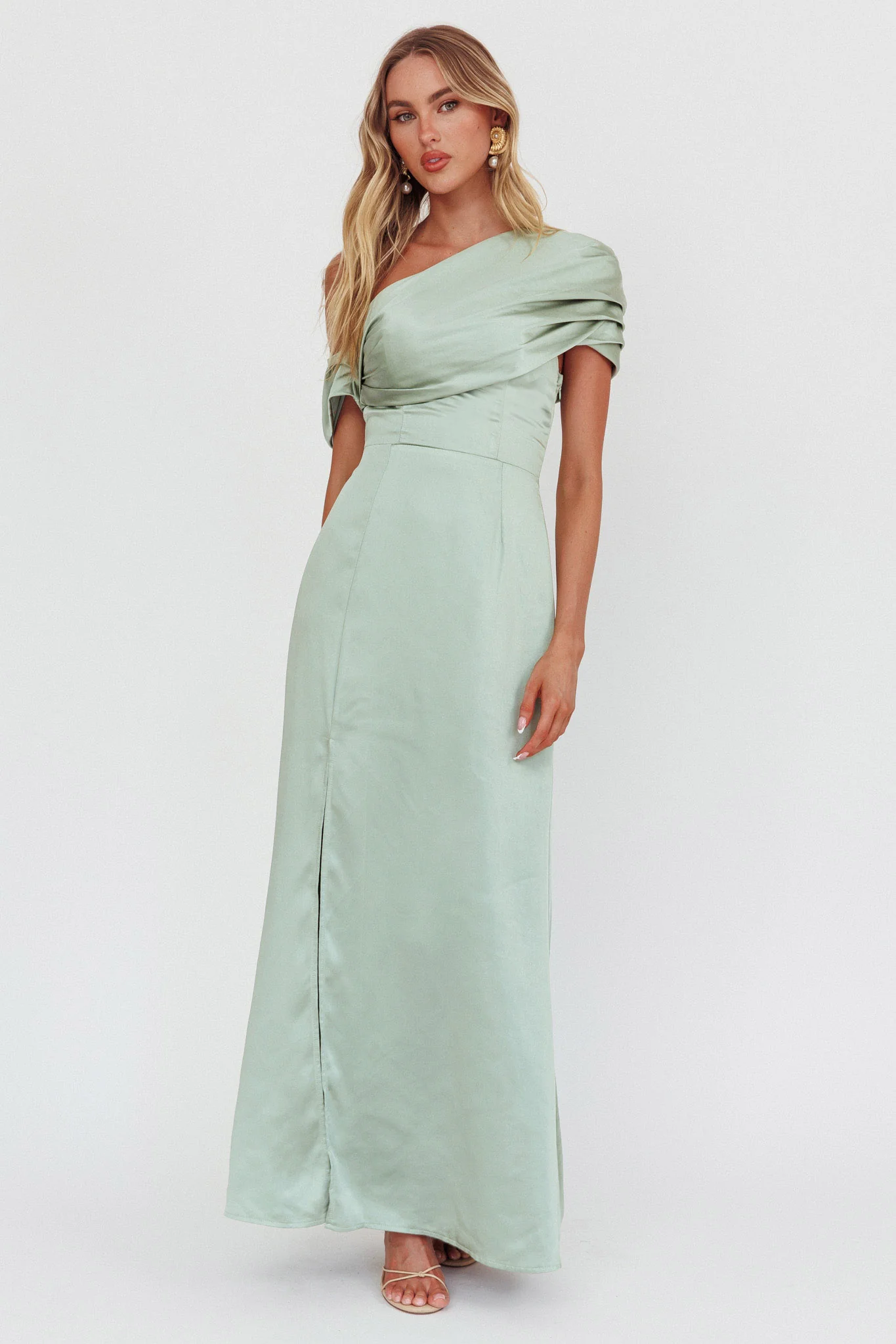 Bellissima Asymmetric Shoulder Maxi Dress Sage - Sonourner