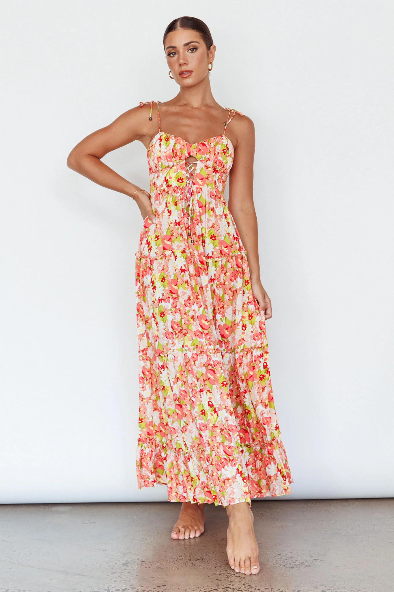 Kinlee Lace-Up Bodice Maxi Dress Floral Pink - Sonourner