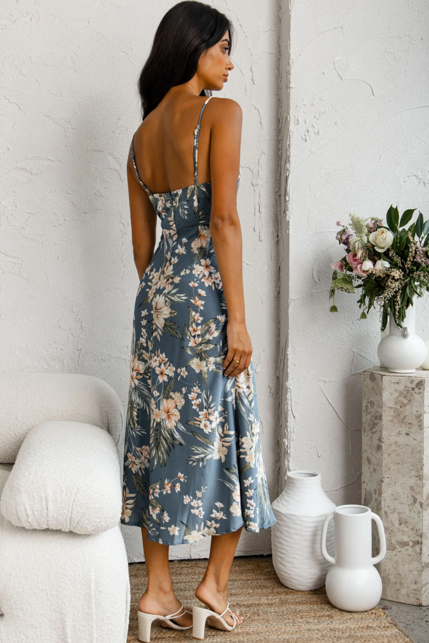 Suki Front Split Midi Dress Tropical Floral Print Navy - Sonourner