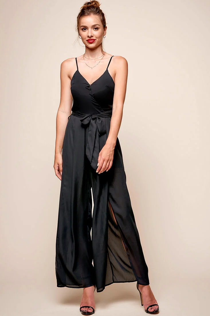 Carrie High Slit Chiffon Jumpsuit Black - Sonourner