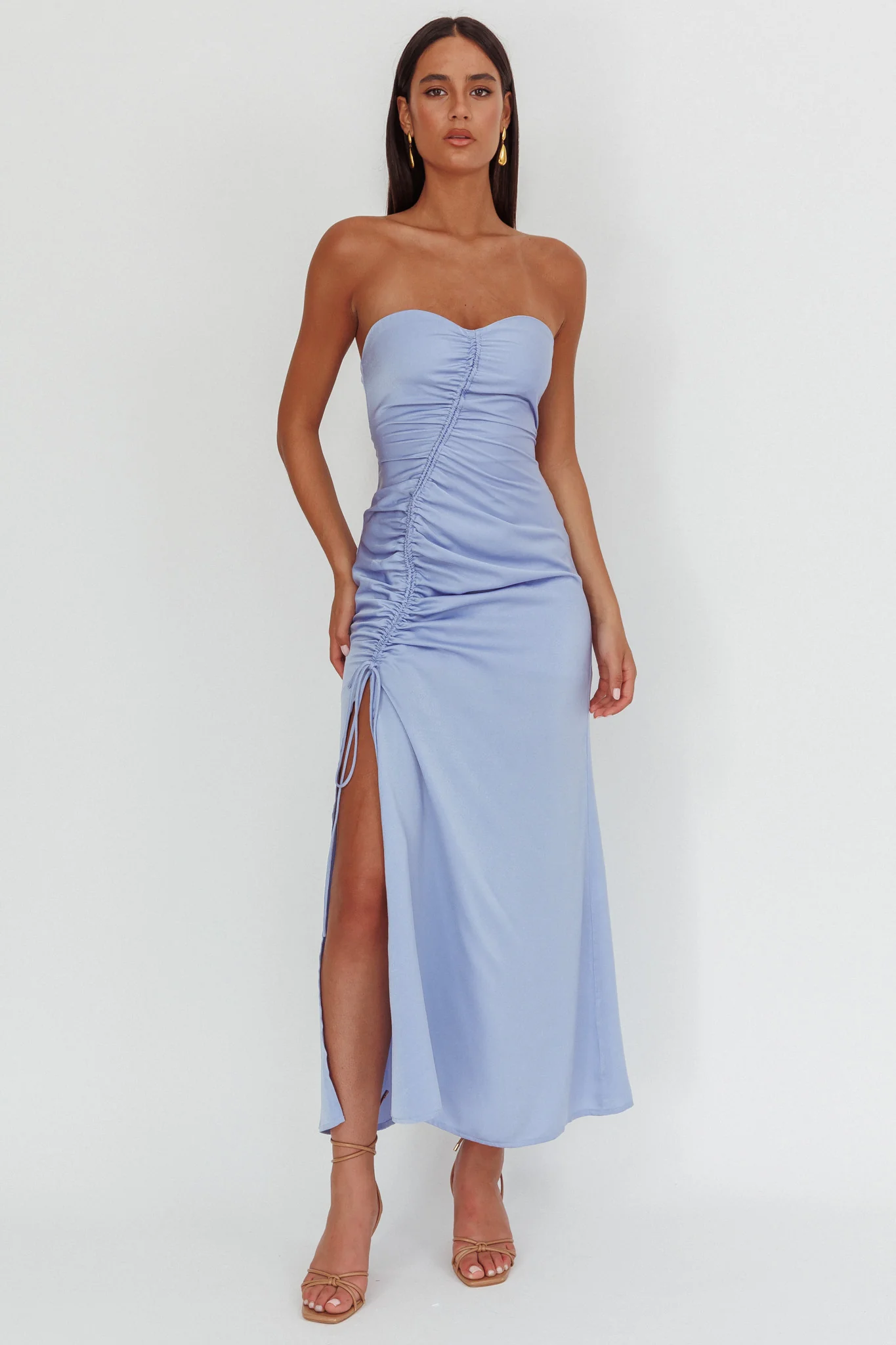 Molinda Strapless Ruched Drawstring Maxi Dress Blue - Sonourner