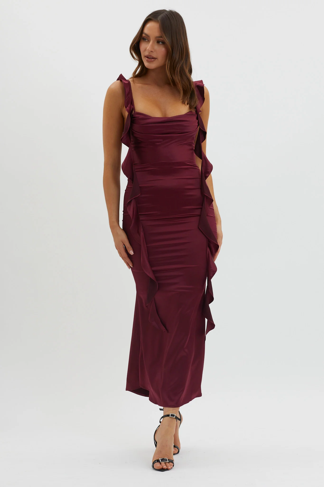 Blushing Ruffle Trim Midi Dress Wine - Sonourner