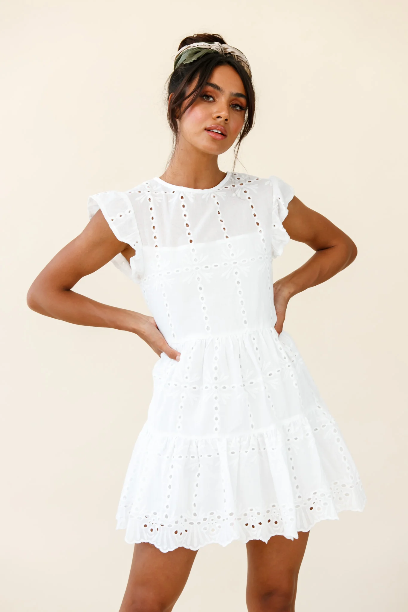 Louise Cap Sleeve Eyelet Embroidery Dress White - Sonourner