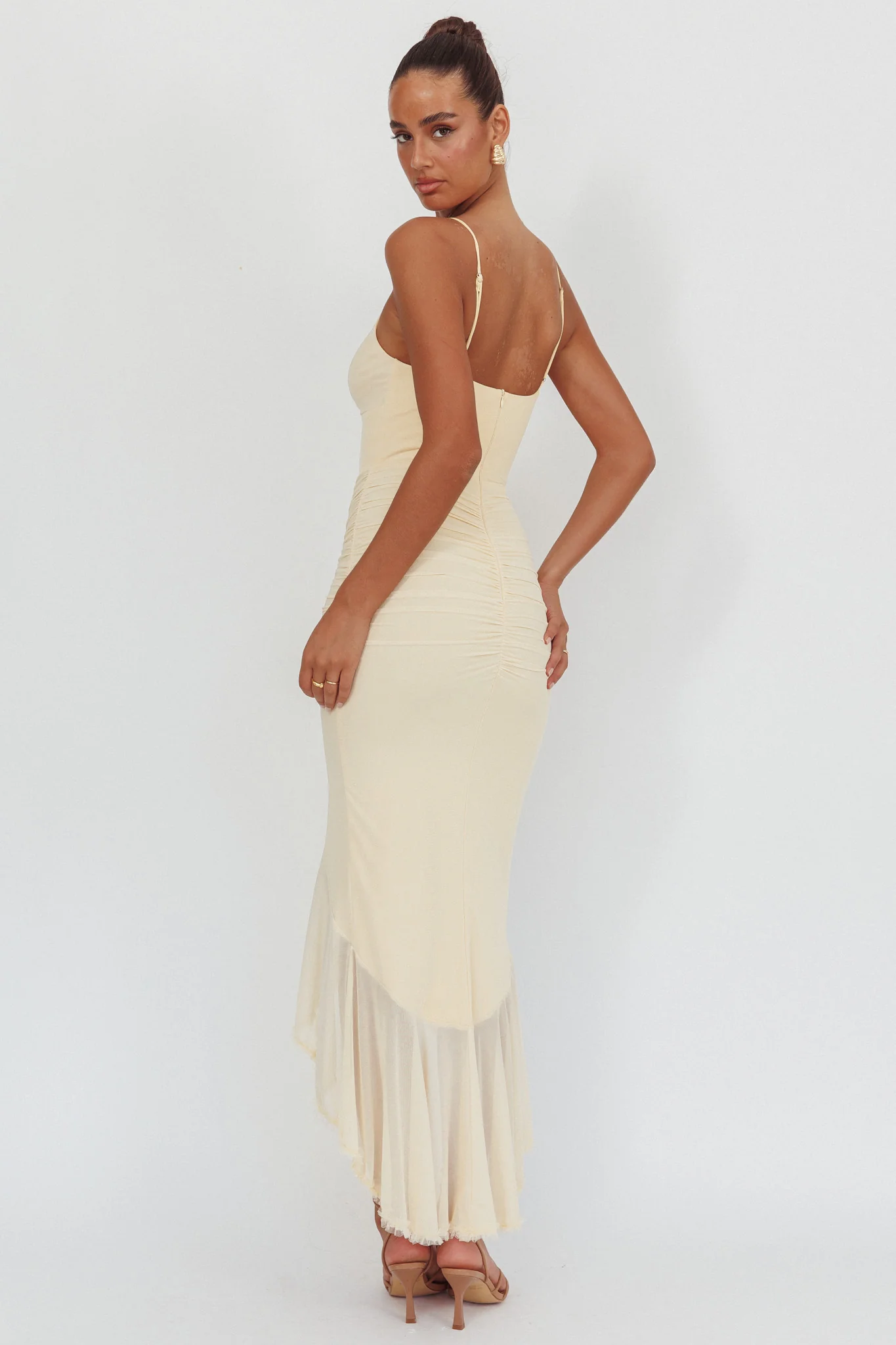 Kamilah Gathered Cascading Ruffle Midi Dress Butter - Sonourner