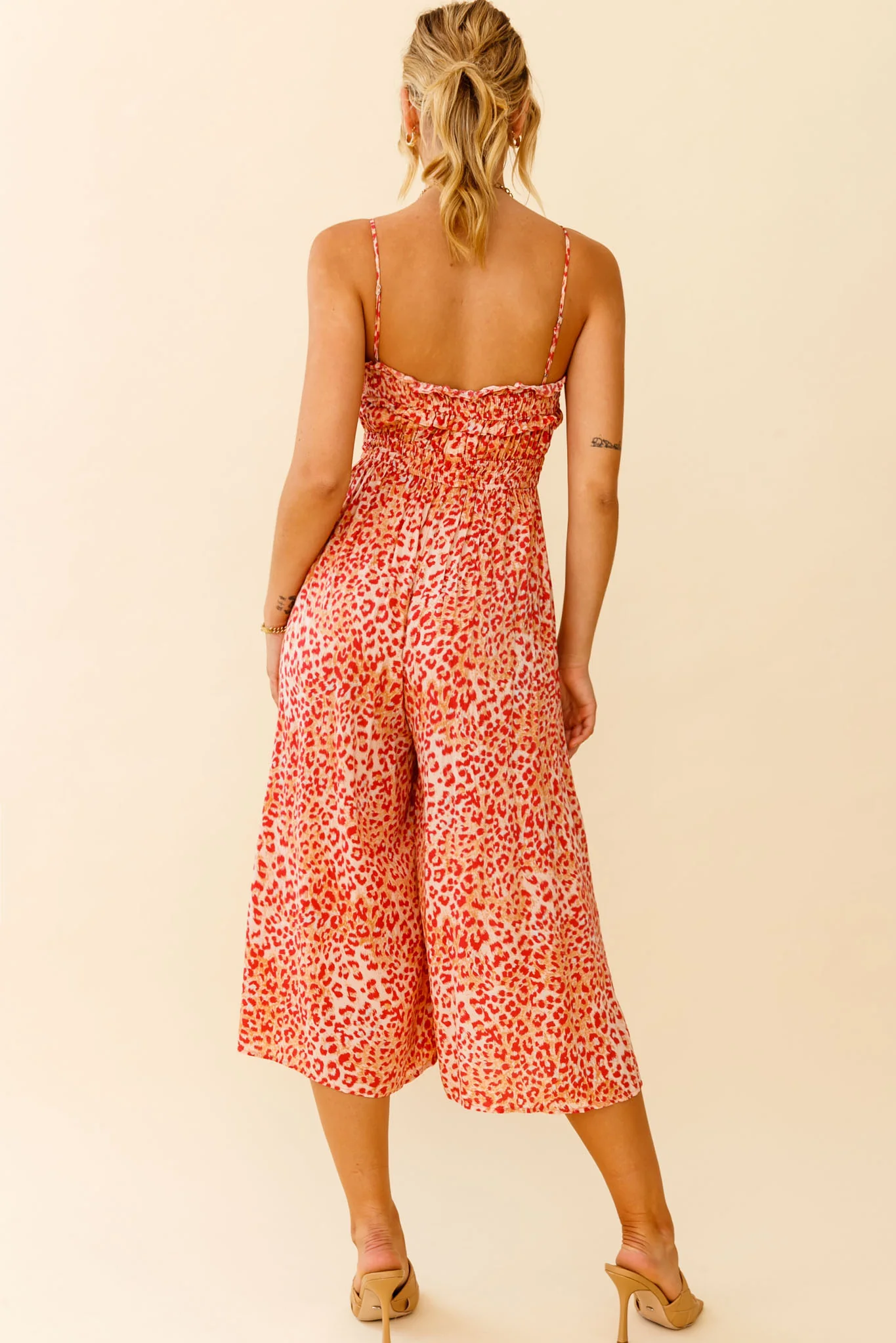 Weekend Escape Cami Strap Drawstring Jumpsuit Animal Print Orange - Sonourner