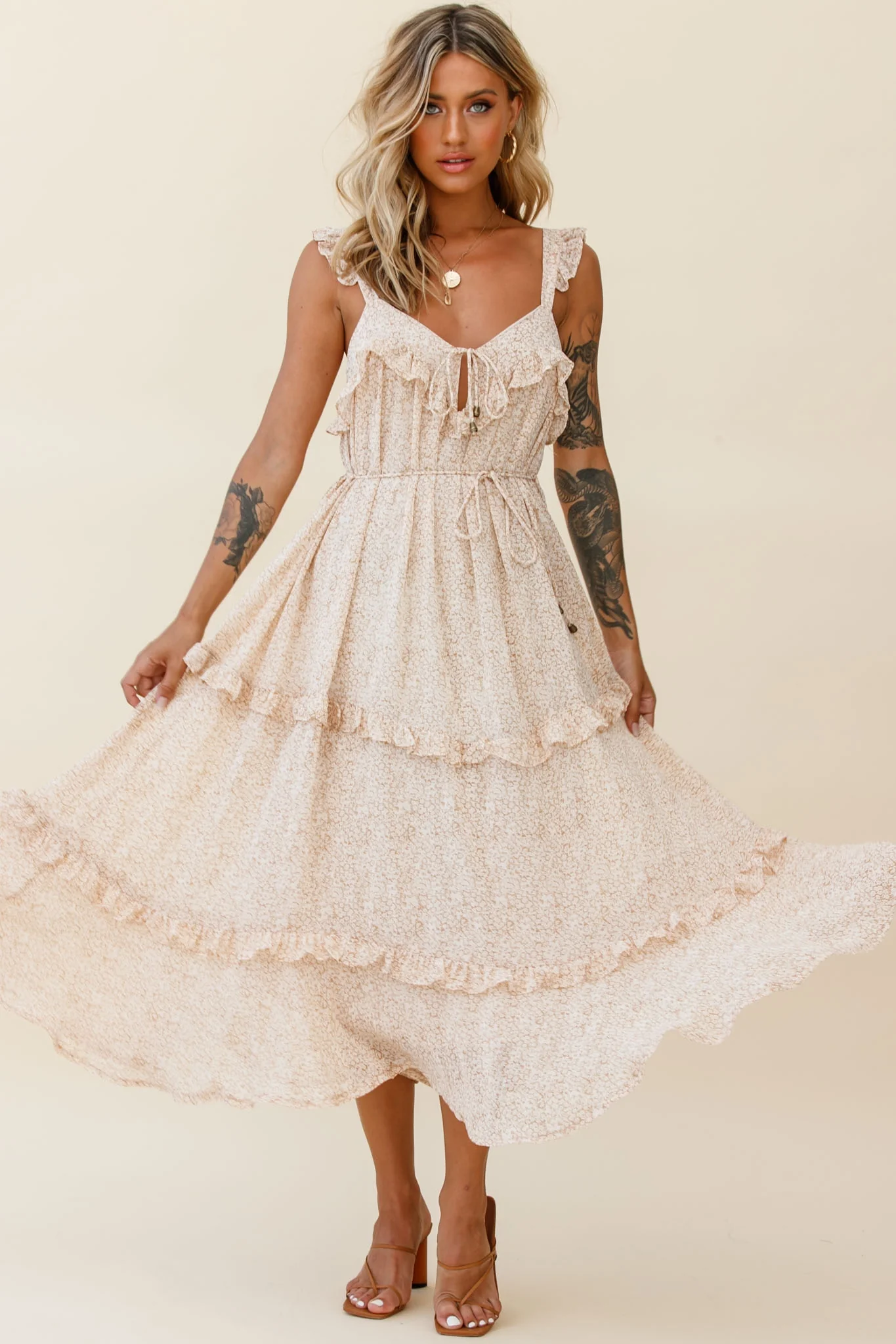 Priscilla Frill Detail Maxi Dress Floral Print Beige - Sonourner