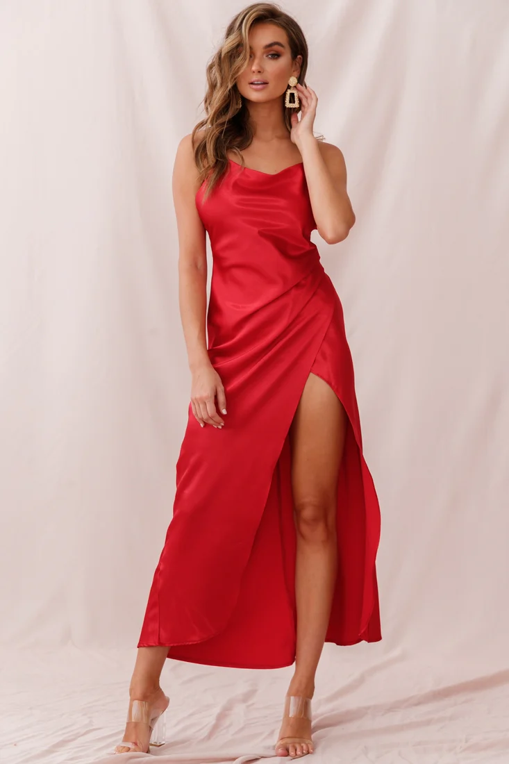 Hey Girl Long Satin Cowl Neck Dress Red - Sonourner