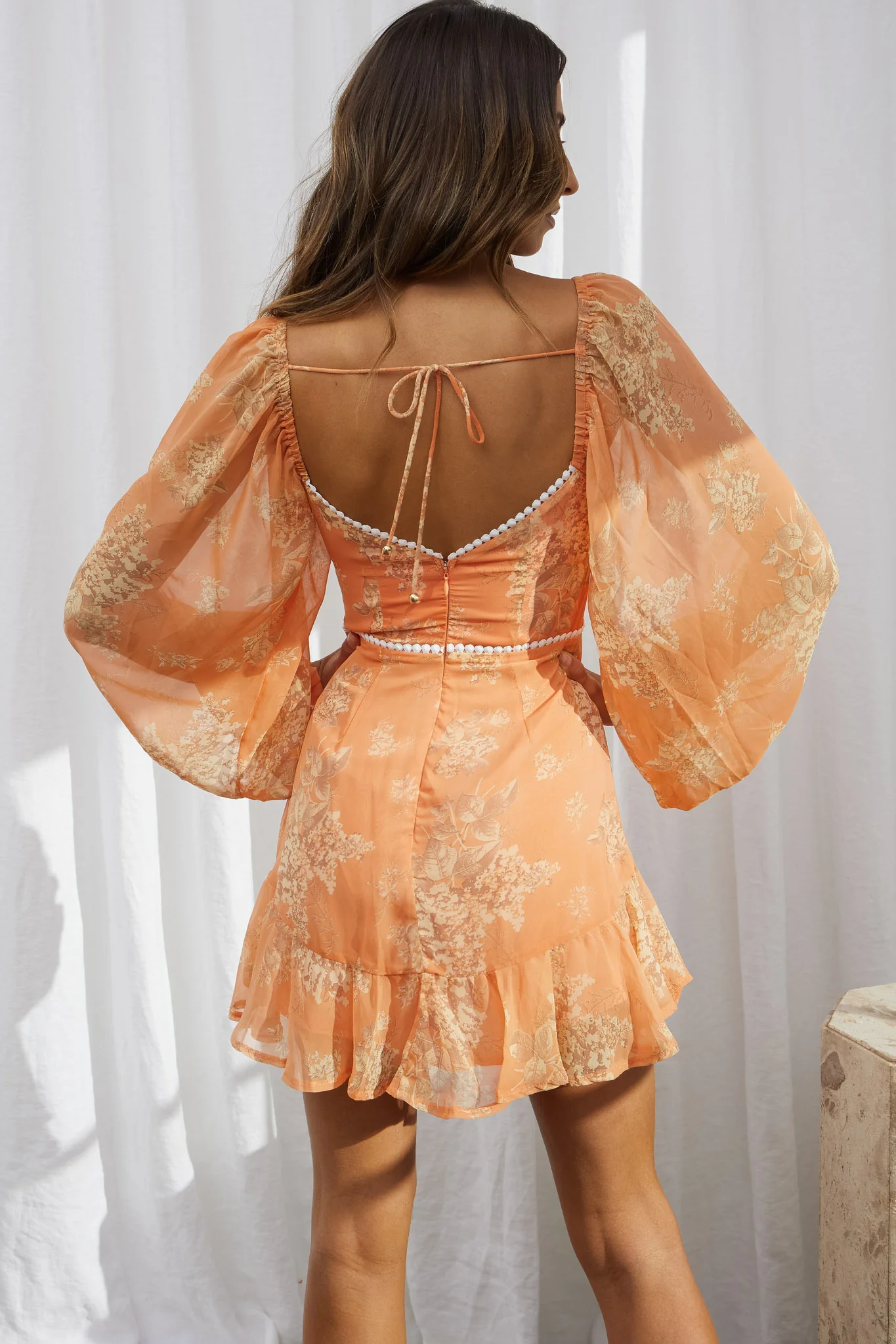 Catch Feelings Sweetheart Neckline Dot Trim Dress Hydrangea Print Orange - Sonourner