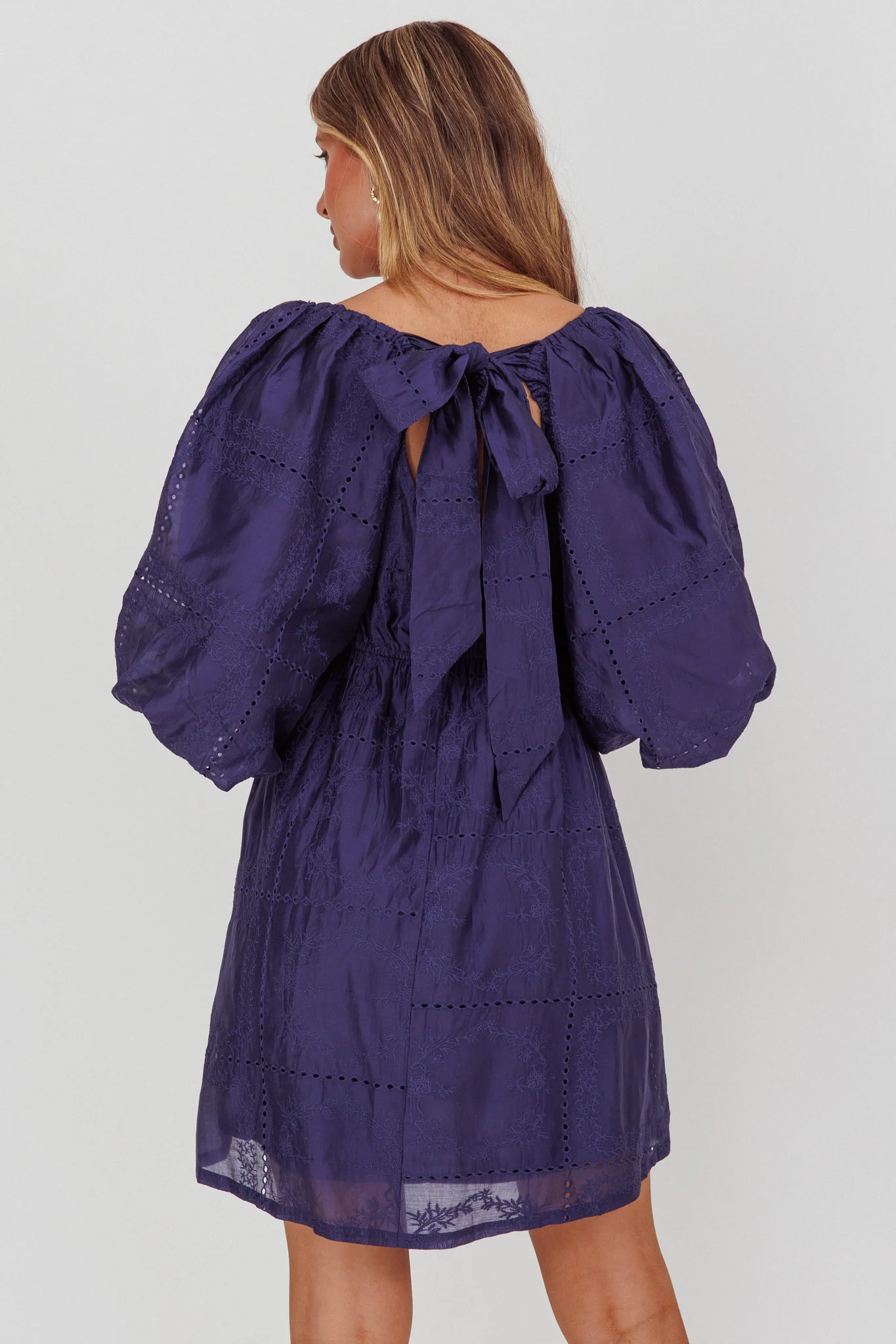 Summerlin Puff Sleeve Eyelet Mini Dress Navy - Sonourner