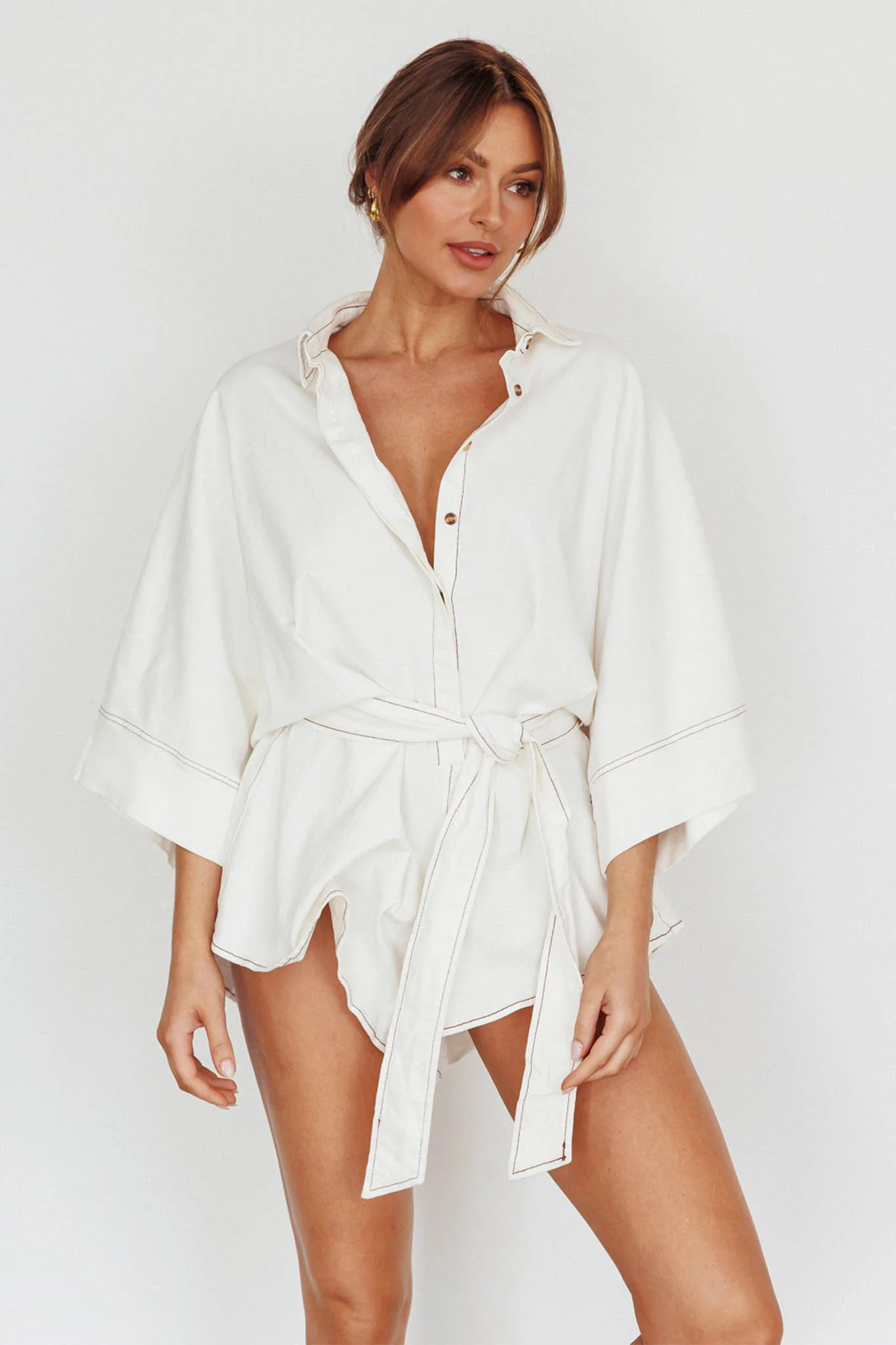 Daytona Beach Long Sleeve Shirt Romper White - Sonourner