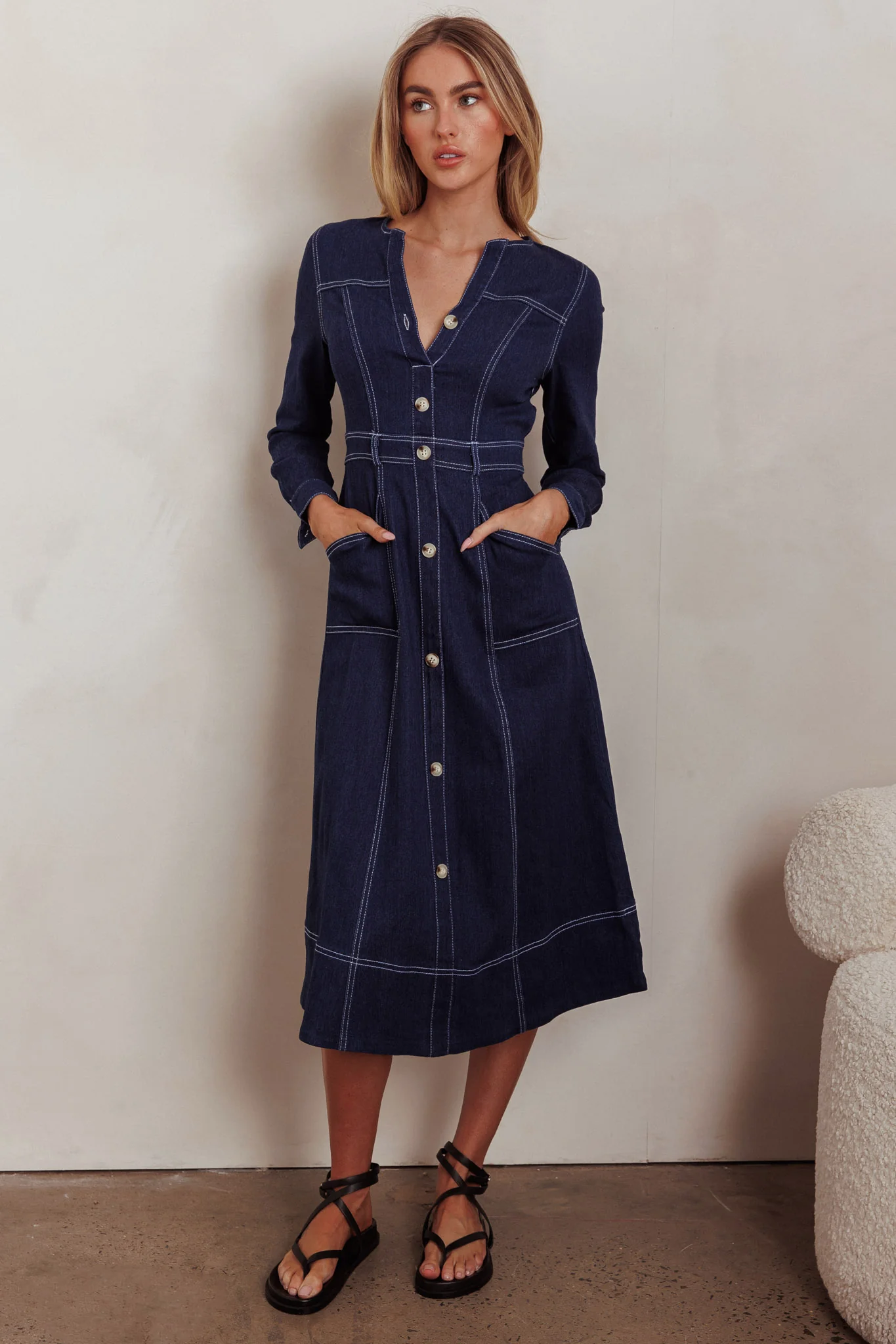 Aspen Love Front Pocket Long Sleeve Midi Dress Indigo - Sonourner