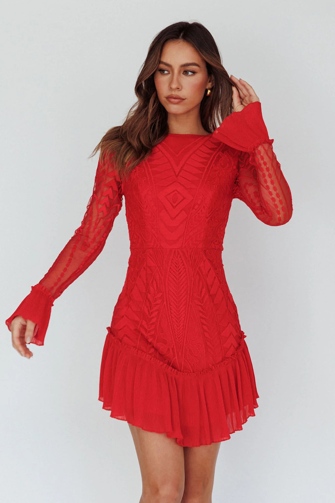 Dreamy Long Sleeve Mini Dress Red - Sonourner