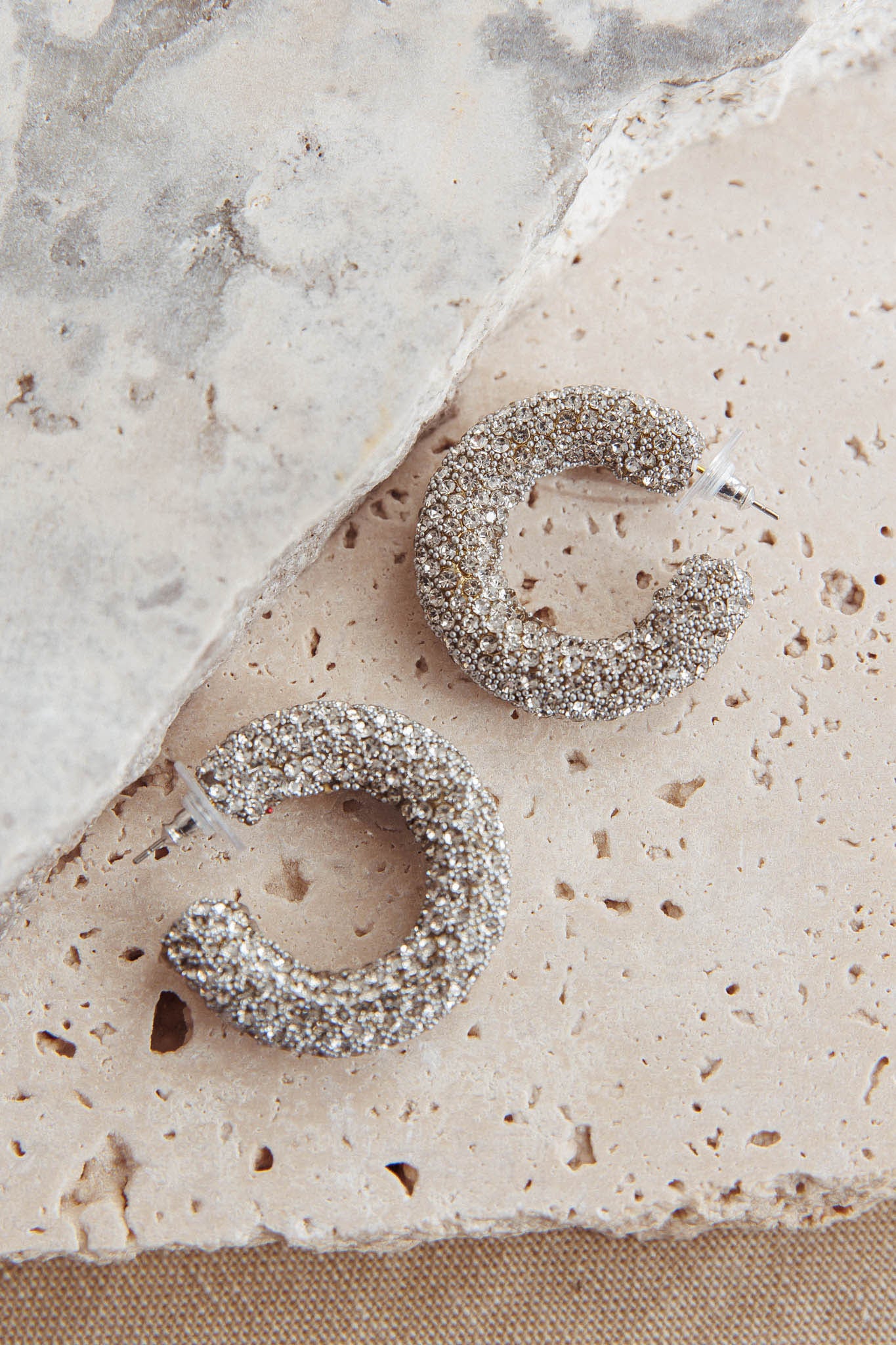 Gigi Semi Hoop Earrings Silver Diamante - Sonourner