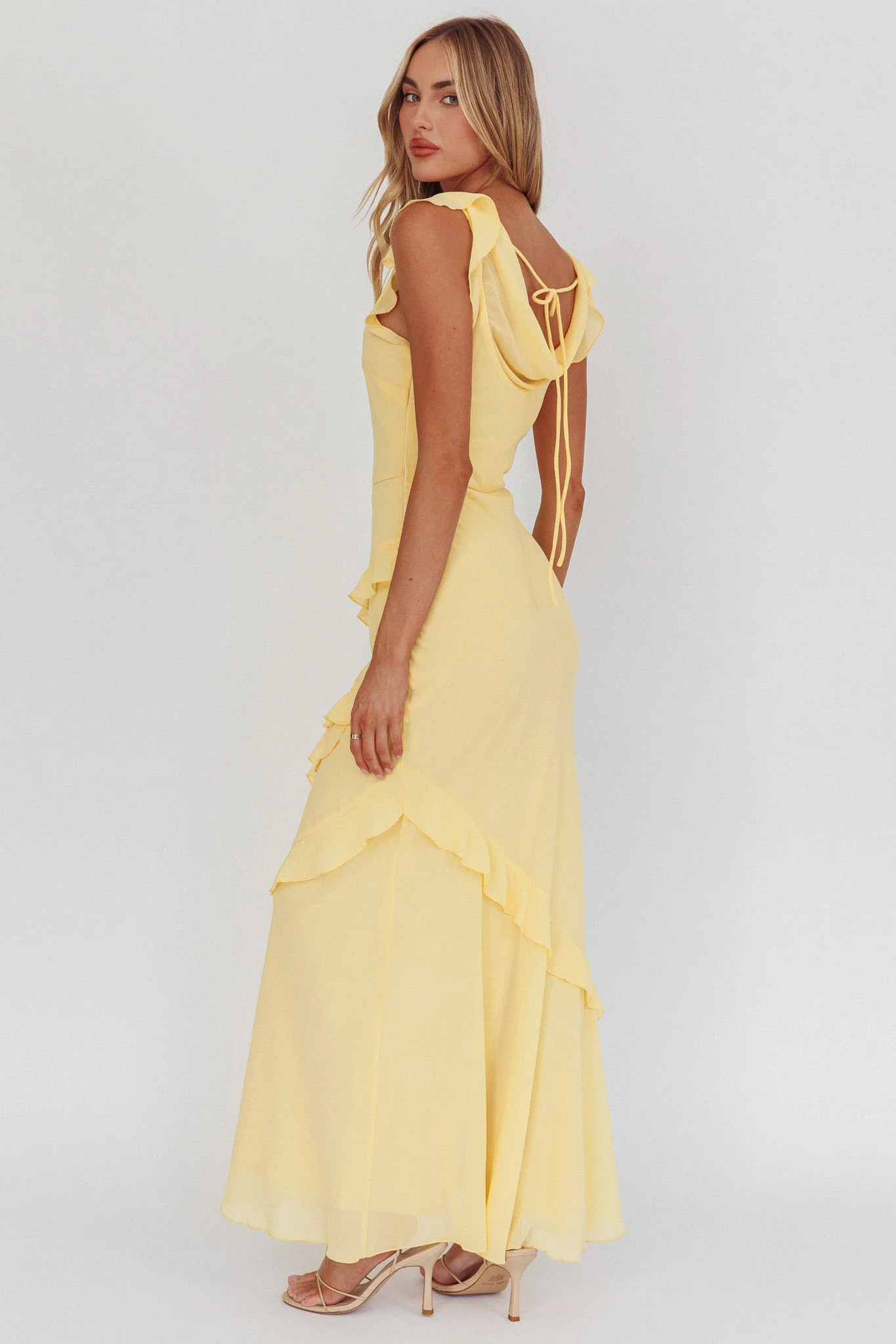 Sangria Cowl Neck Frill Maxi Dress Lemon - Sonourner