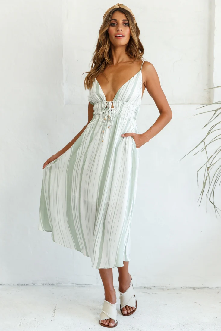 Hosanna Drawstring Detail Pocket Midi Dress Stripe Print Olive - Sonourner