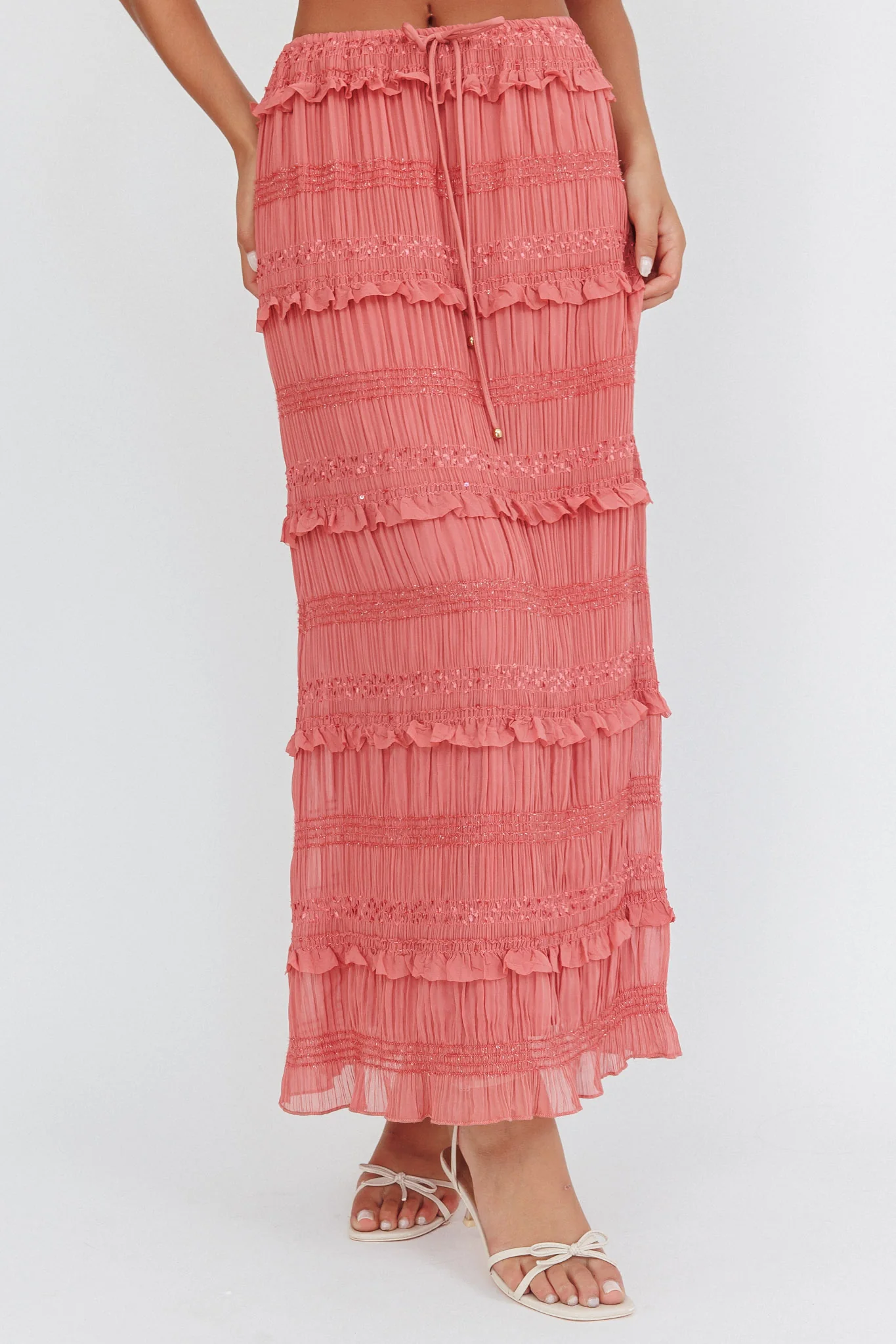 Helios Shirred Sequin Maxi Skirt Rose - Sonourner