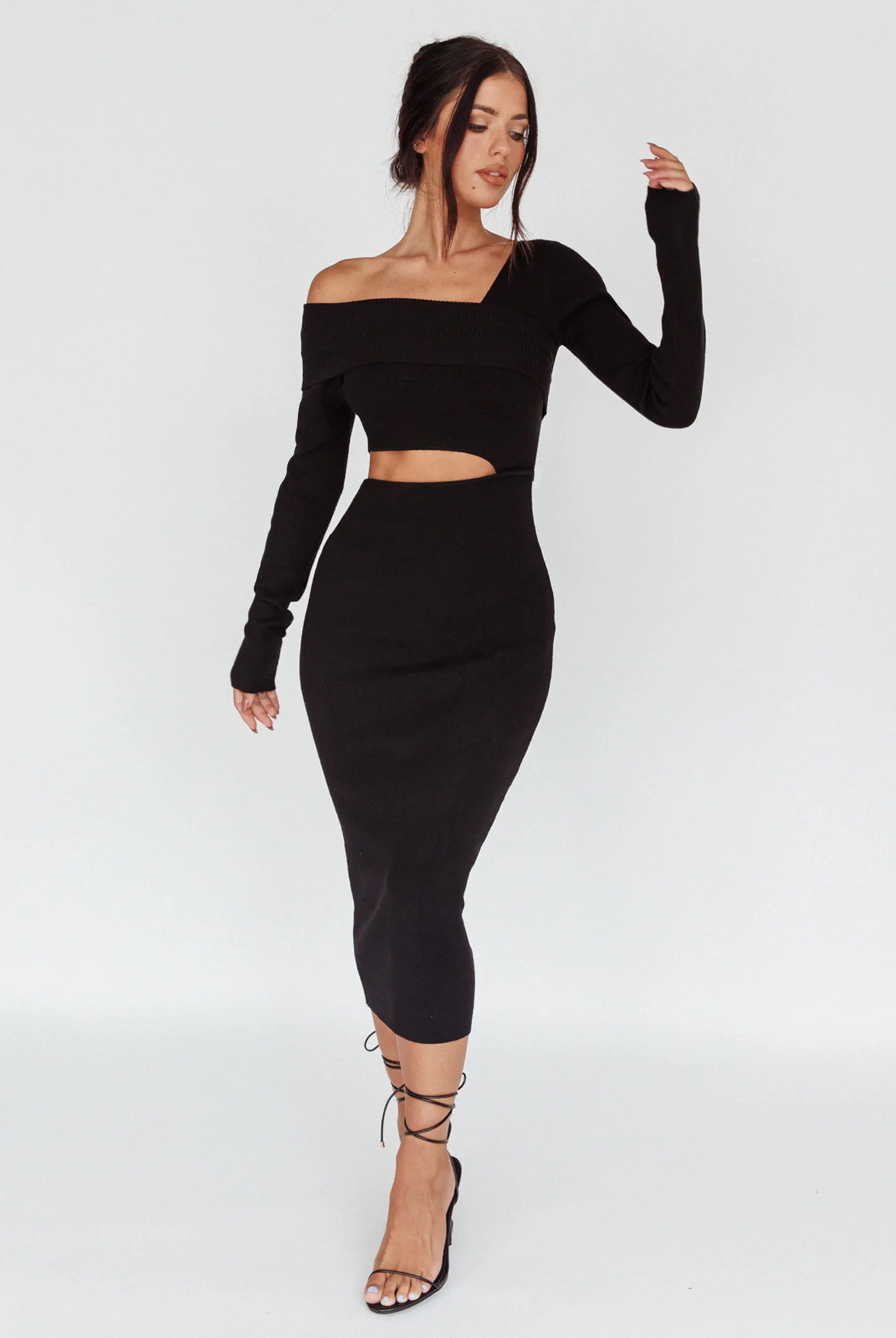 Tamar Long Sleeve One-Shoulder Midi Dress Black - Sonourner