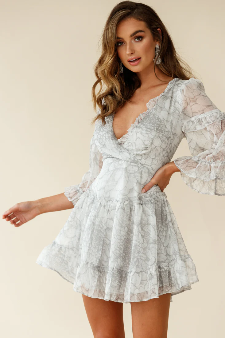 Albany Lace Up Back Frill Dress Chrysanthemum Print Grey - Sonourner